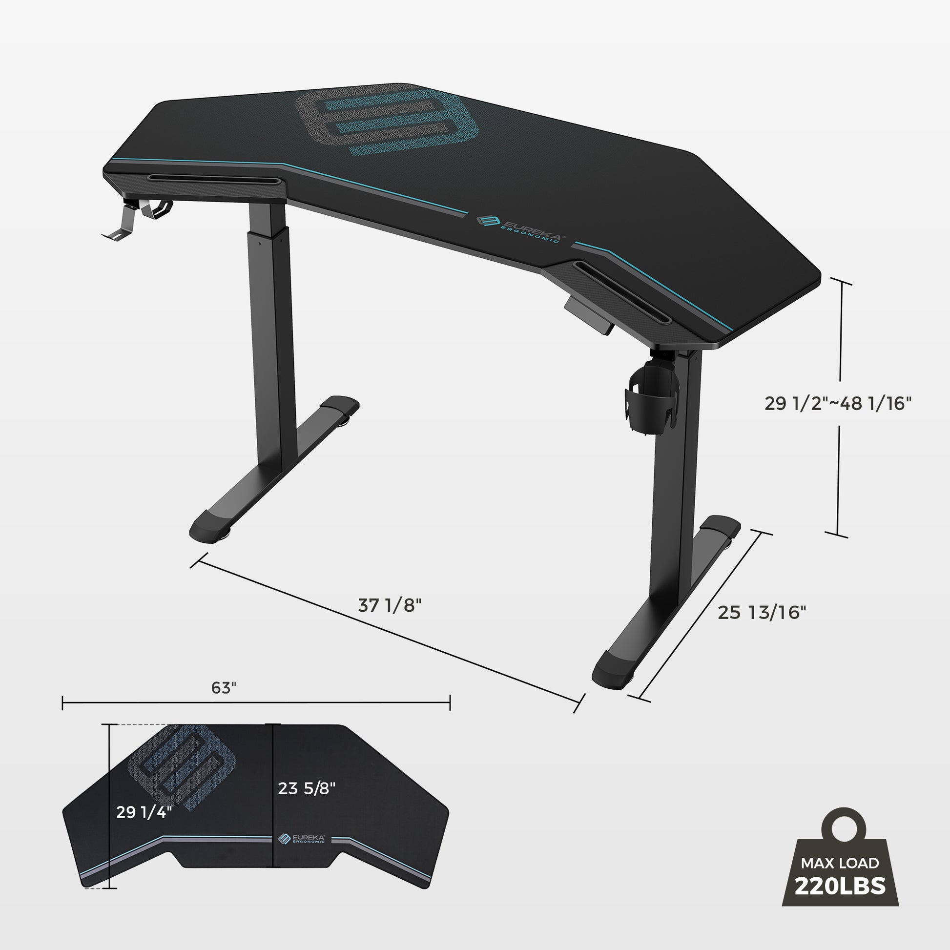 Eureka Ergonomic Black 63" Aero Pro wing-shaped standing desk with dimensions and blue geometric accents. Height adjustable 29.5"-48".
