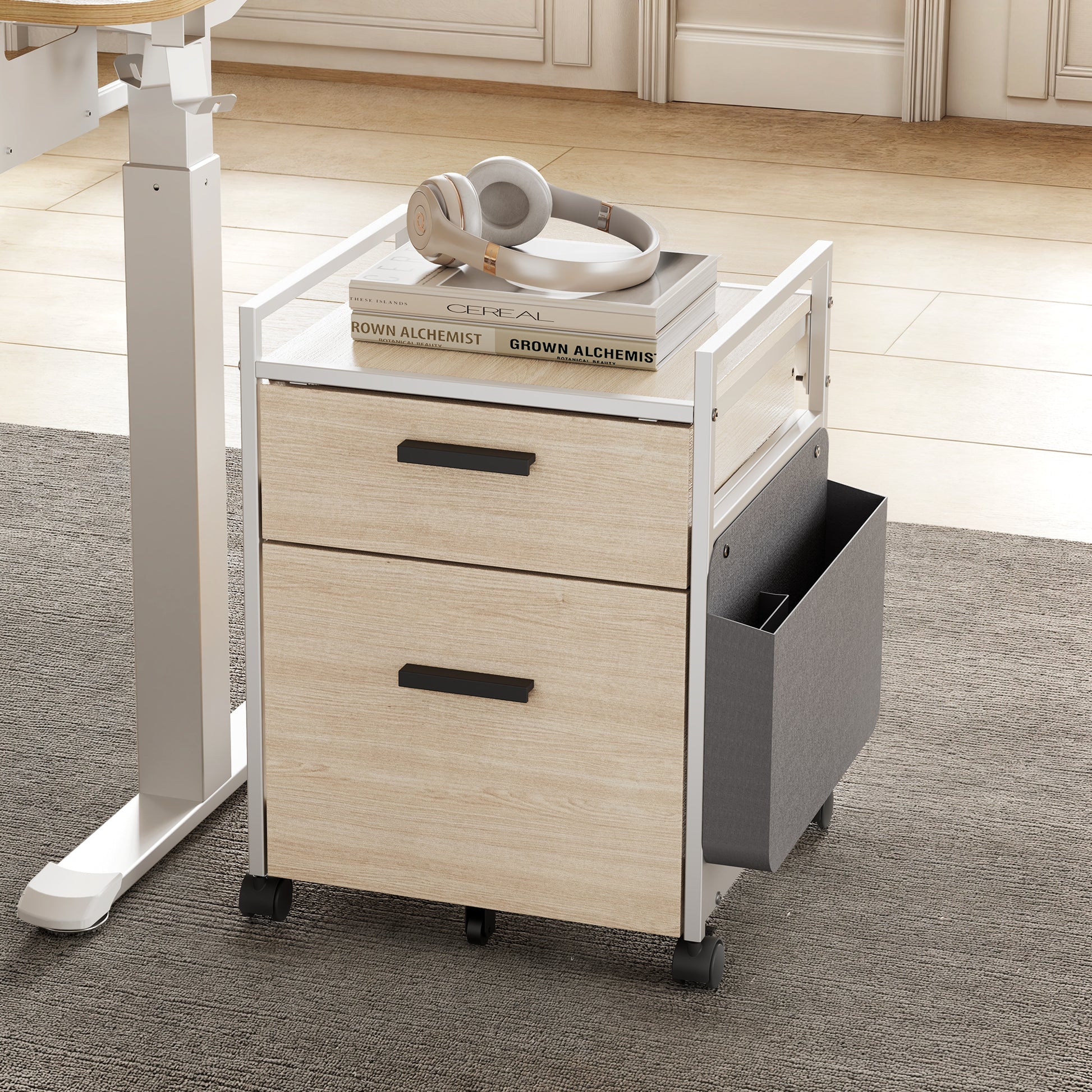Rolling File Cabinet With Drawer, Light Wood Finish, Metal Frame and Fabric Storage Bag, Office Organization.