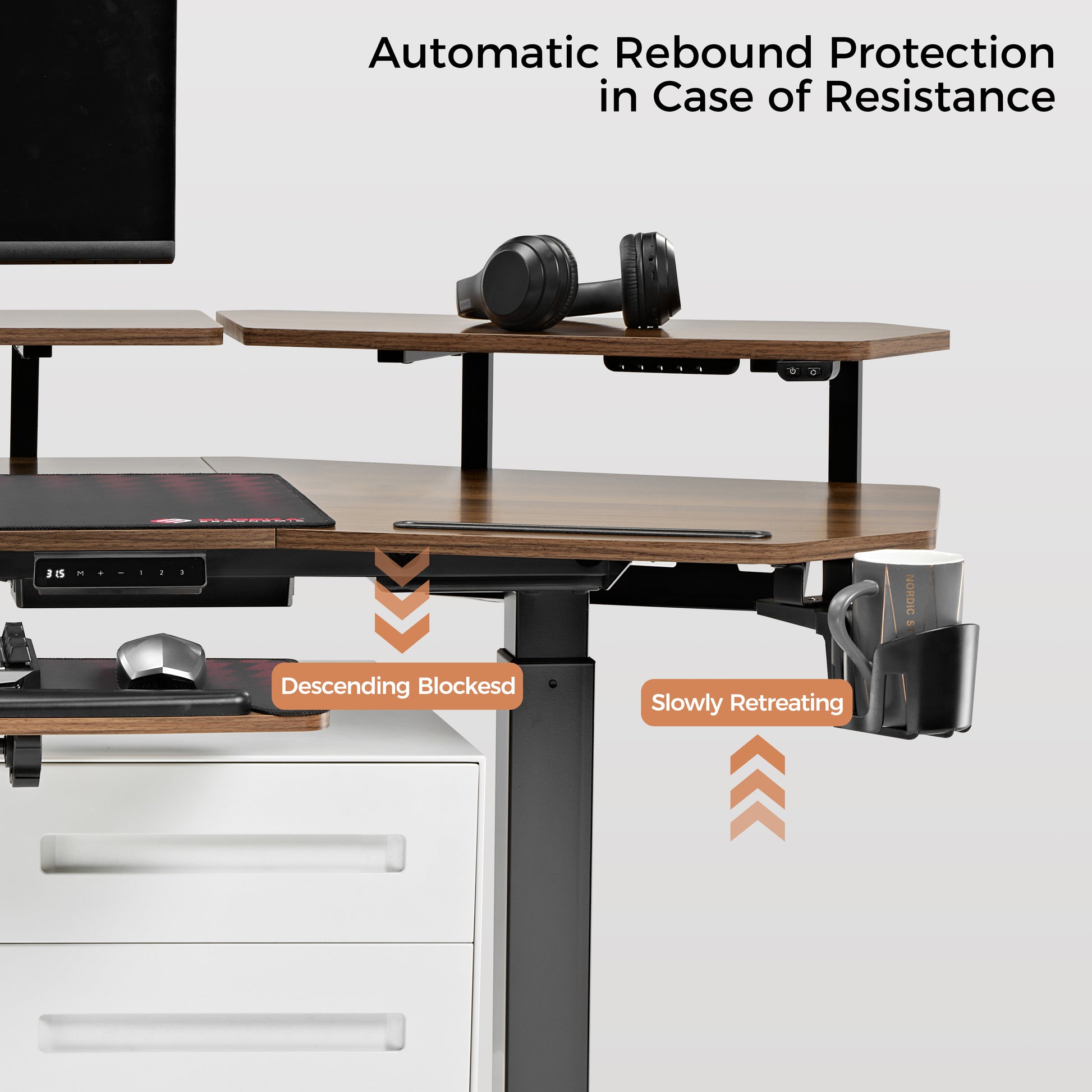Eureka Ergonomic Aero Pro Standing Desk Safety Features: Automatic Rebound Protection and Control Panel.