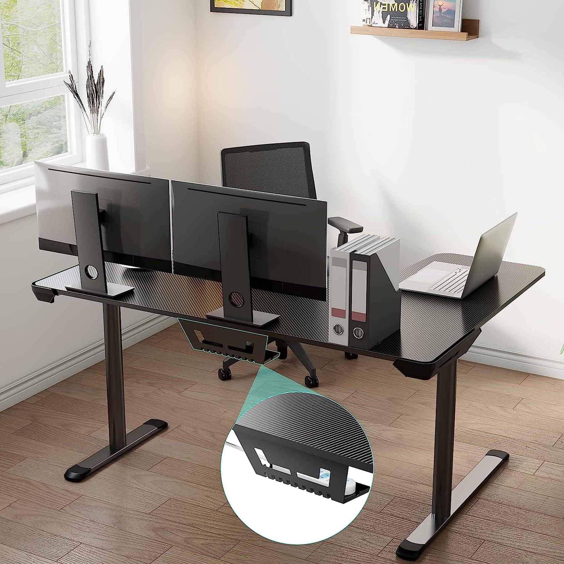 Black L-Shaped Gaming Desk With Cable Management, Three Monitors, and Laptop.