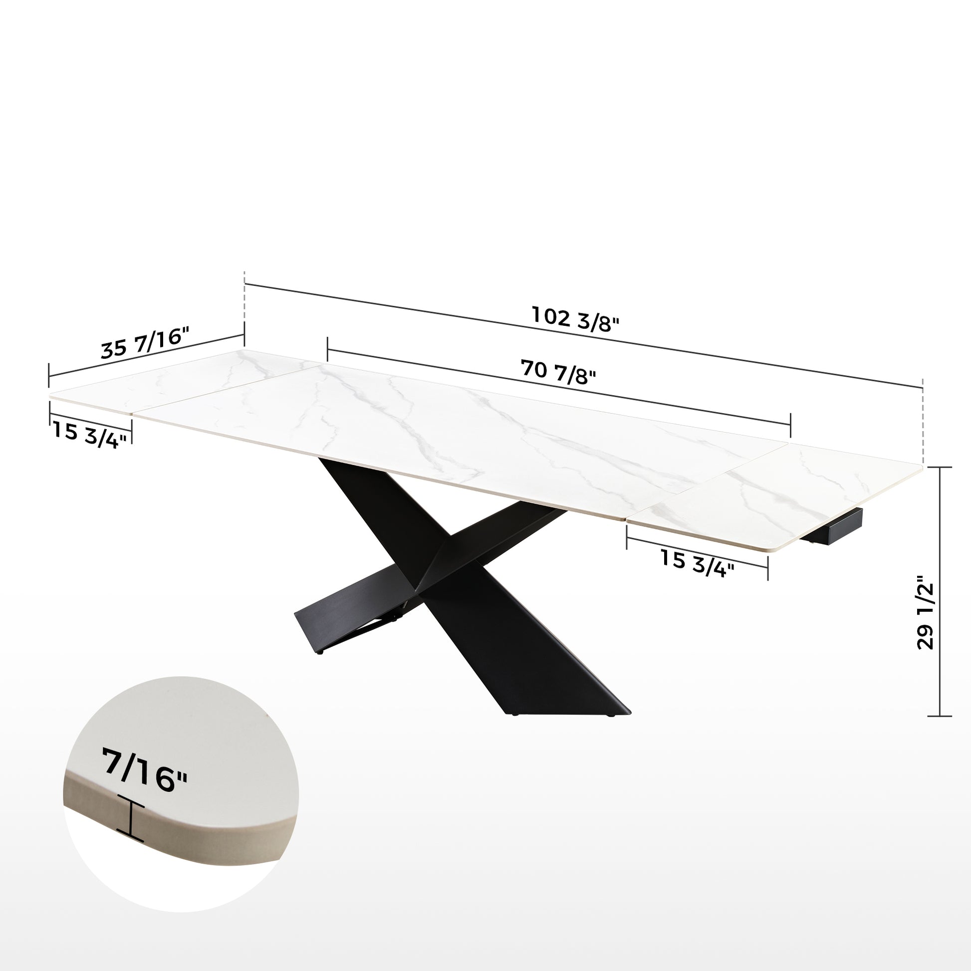 Evelyn Extendable Dining Table With Dimensions, White Sintered Stone Top, Black X Legs. Modern Dining Table Design.
