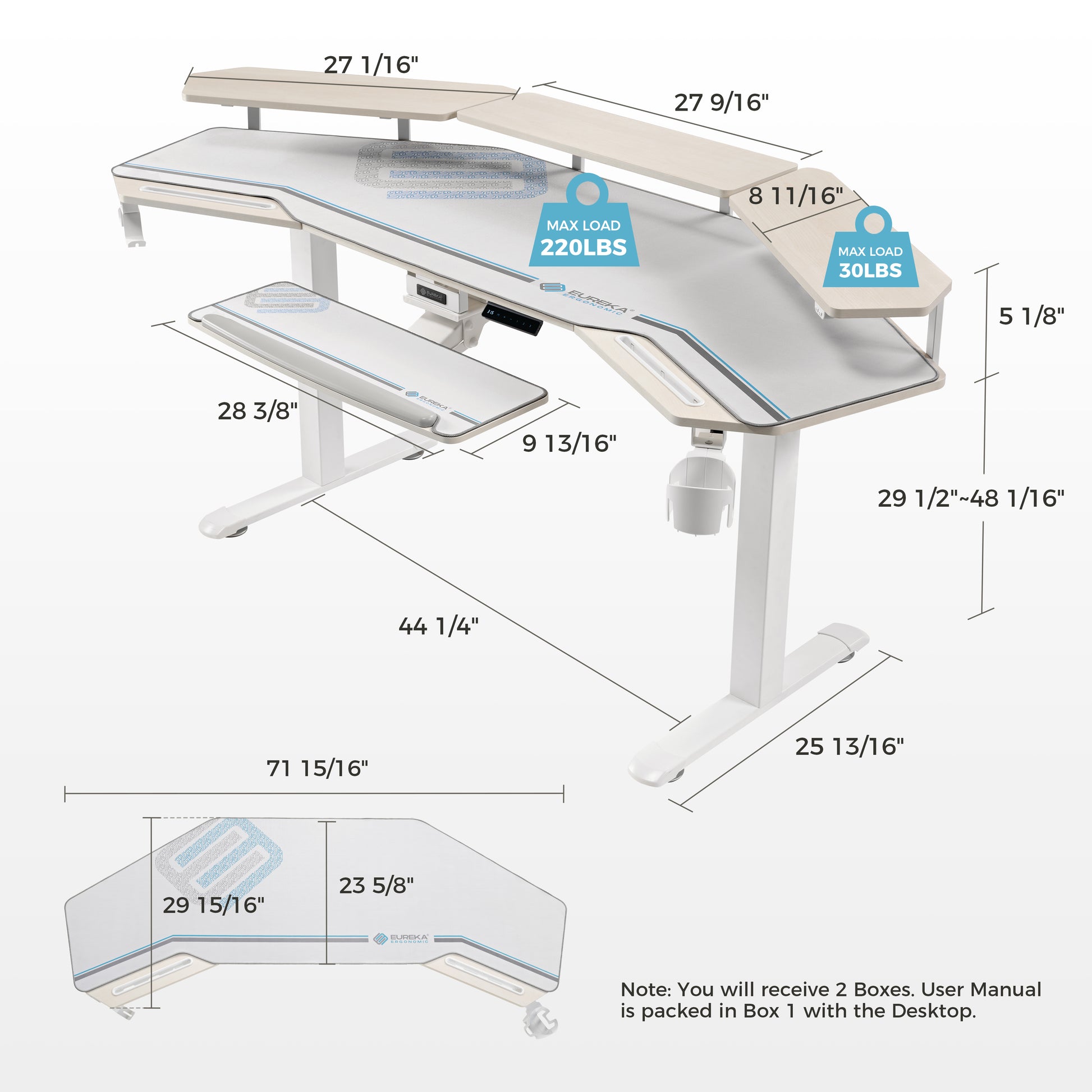 Eureka Ergonomic Aero Pro Wing-Shaped Standing Desk Dimensions, 220Lbs Max Load, Ergonomic Design, 72 Desk.
