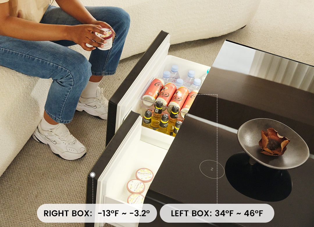 41 inch Black Smart Fridge Coffee Table with Bluetooth Speakers with Glass Top, Freezer and Fridge