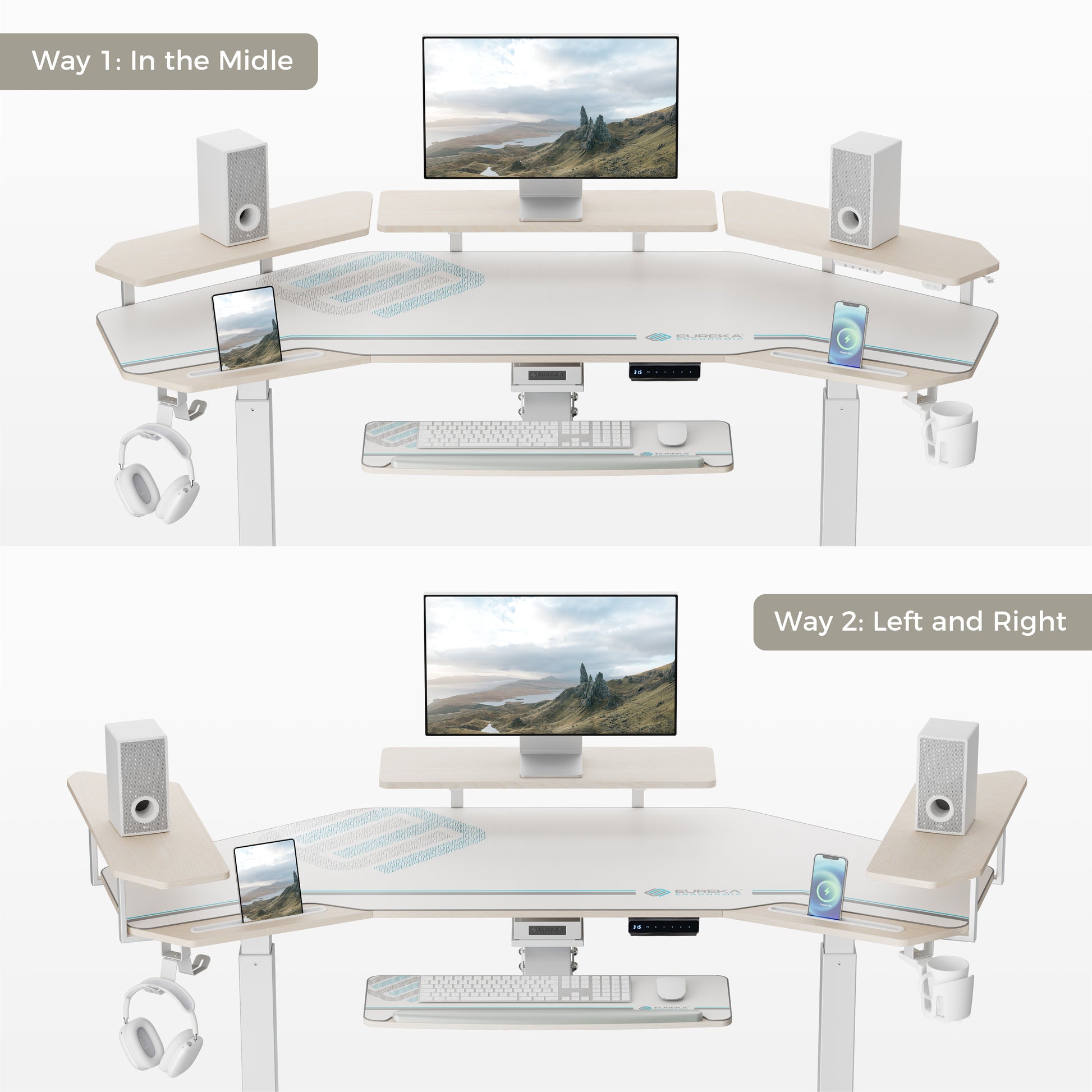 Eureka Ergonomic Aero Pro Desk With Dual Monitor Setup Options, Accessories, and Ergonomic Design.