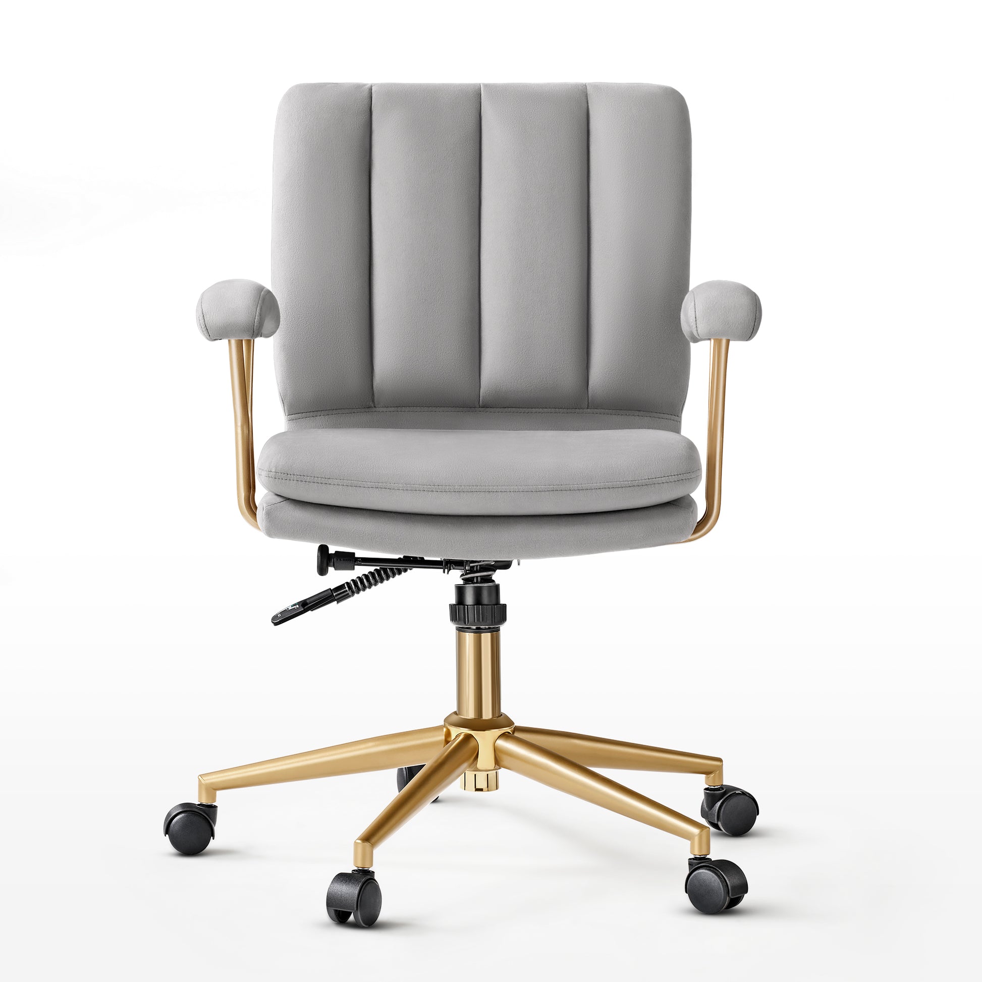 Adena Velvet Office Chair in Gray Velvet and Gold Base, Modern Office Design.