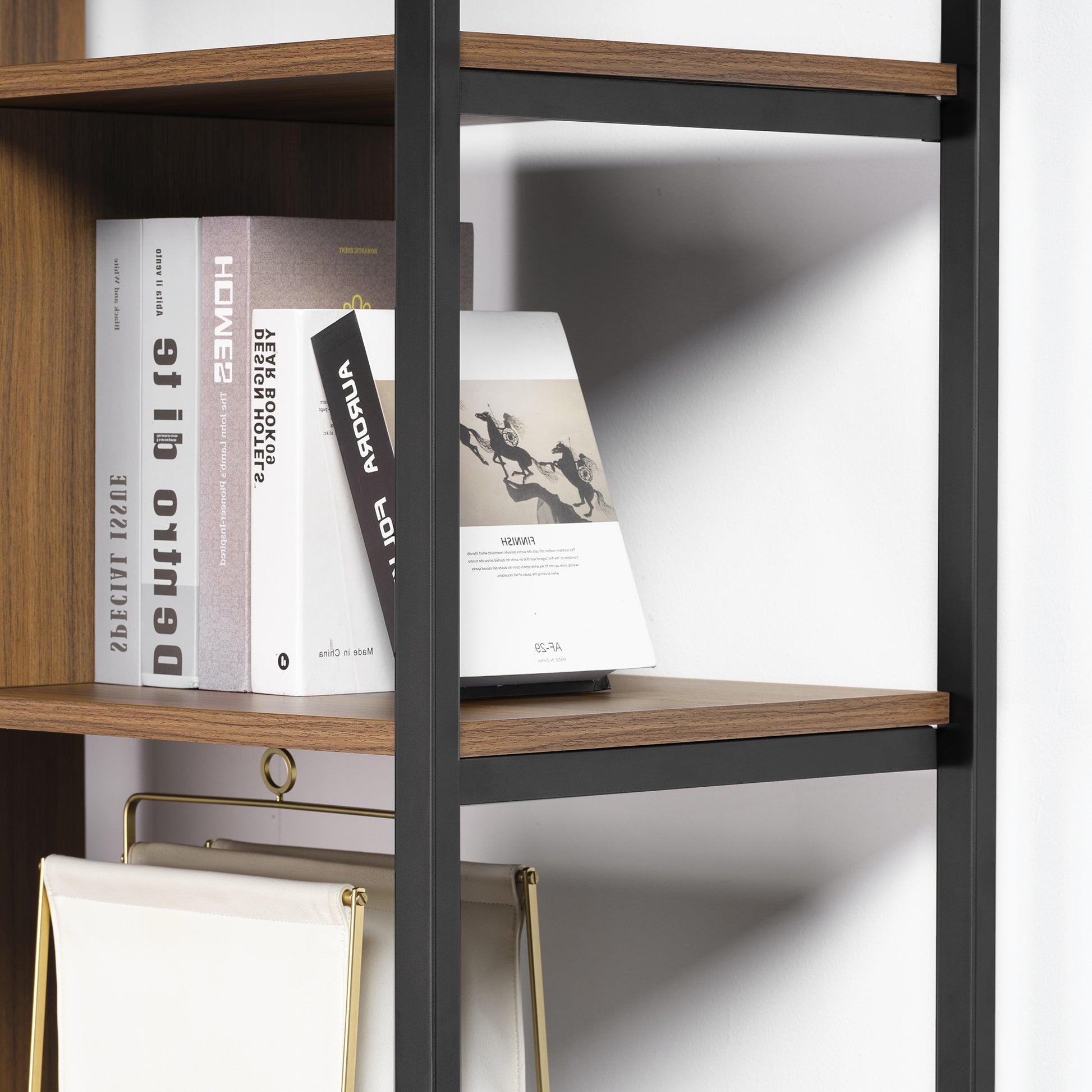Napa Wood Bookcase Shelf Detail With Books and Magazines. Walnut Finish, Black Metal Frame. Modern Home Storage.