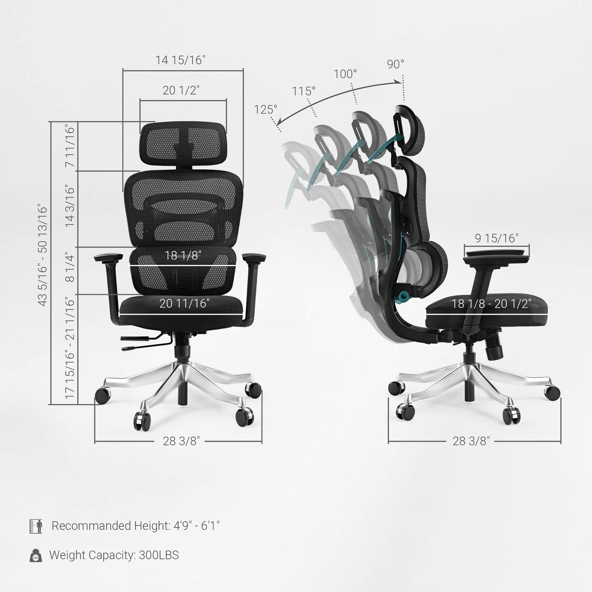 Axion Ergonomic Hybrid Chair With Measurements, Black Mesh Back, Ergonomic Design, Gaming Chair. Blue Fabric