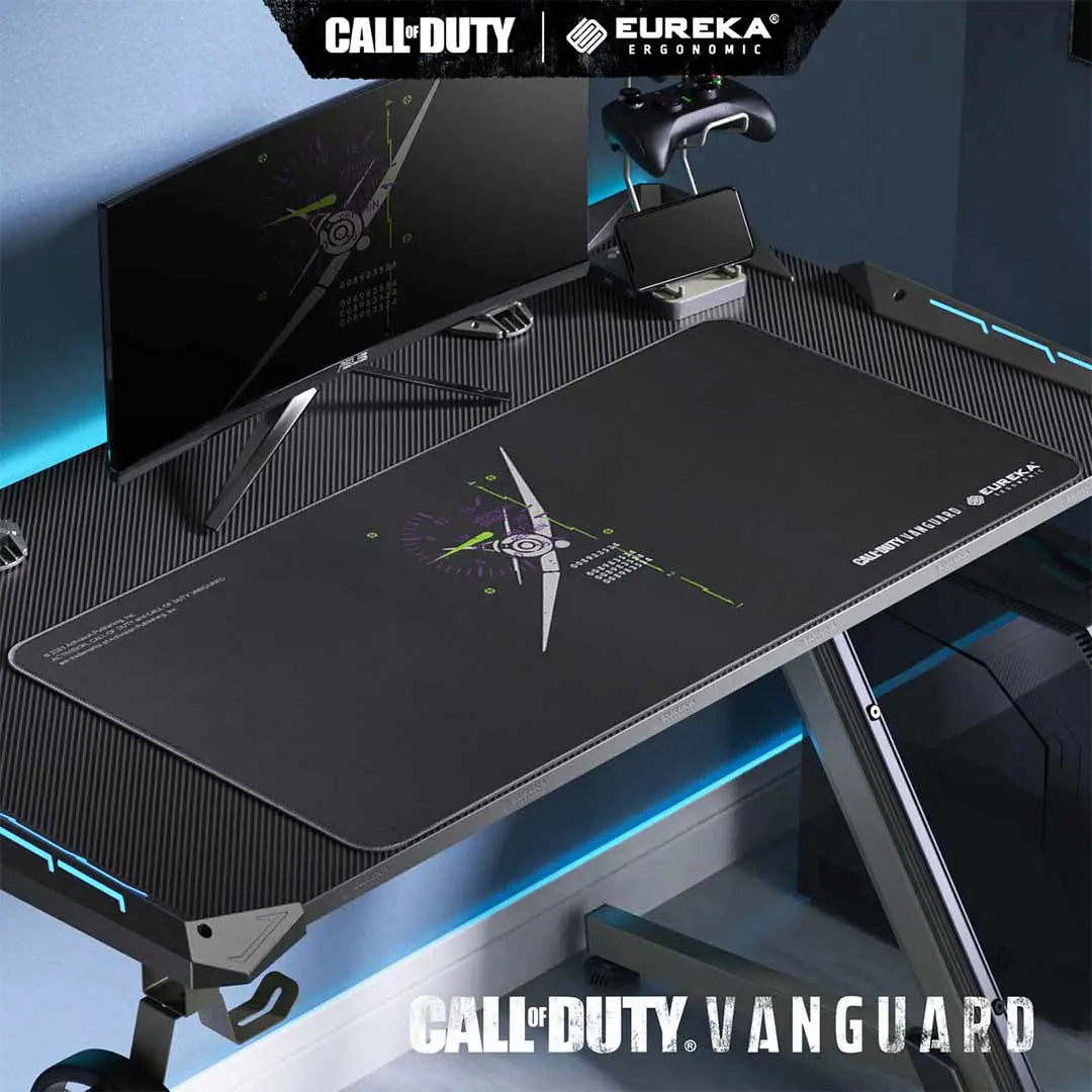 Call of Duty Vanguard Mouse Pad By Eureka Ergonomic On Gaming Desk Setup, Black Design With Vanguard Graphic.