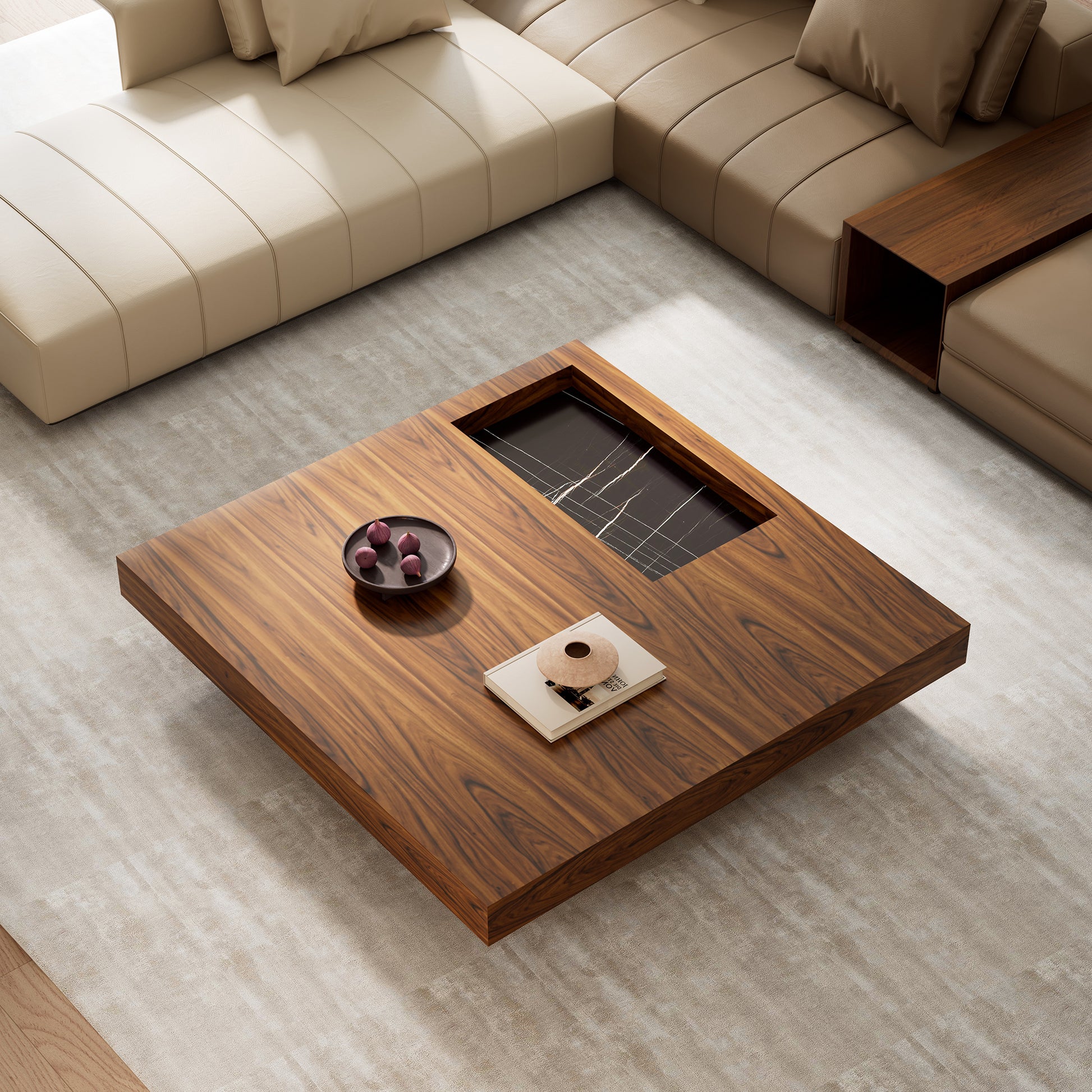 47 Square Solid-Wood Coffee Table With Sunken Desktop, Solid Wood Grain, Minimalist Design, Modern Living Room Furniture.