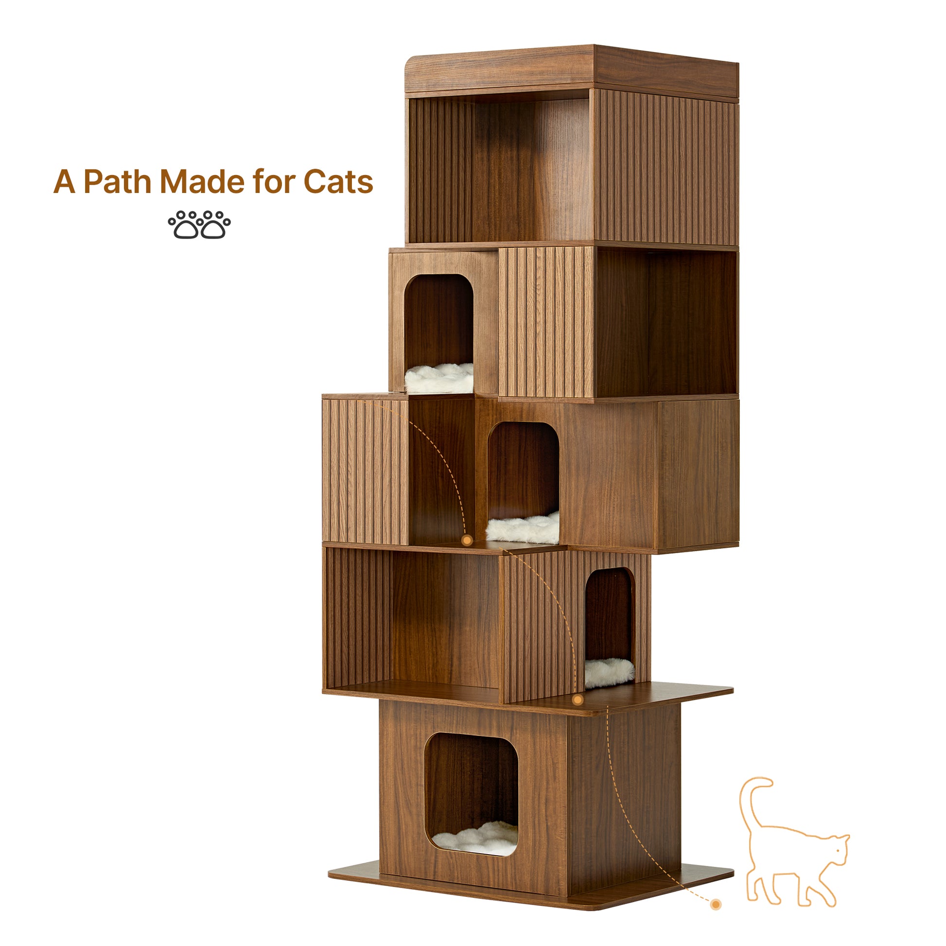 Eureka Ergonomic Pawlio 72" walnut bookshelf cat tree with ribbed panels and plush cubby beds, "A Path Made for Cats" graphic.