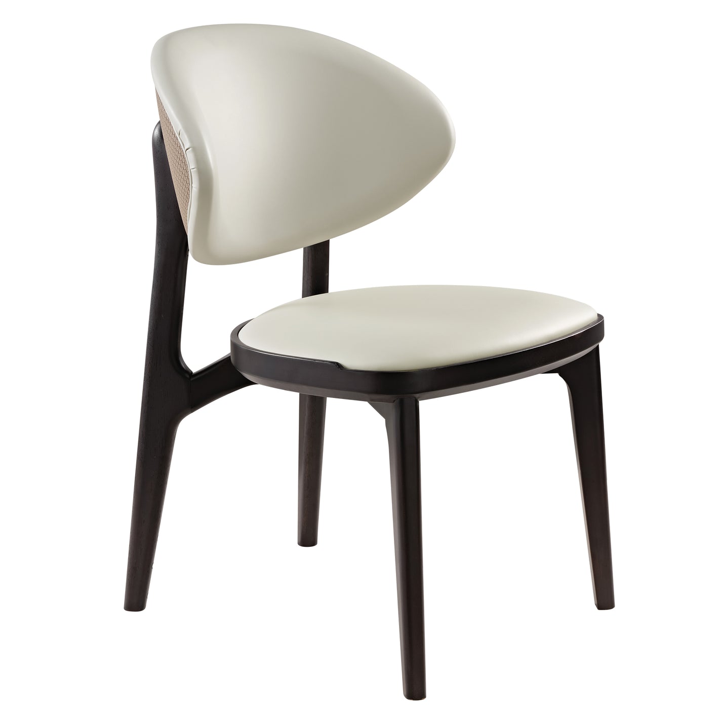 Off-White Leather Dining Side Chair With Dark Wood Frame, Featuring Woven Back Detail, Perfect for Modern Dining Spaces.
