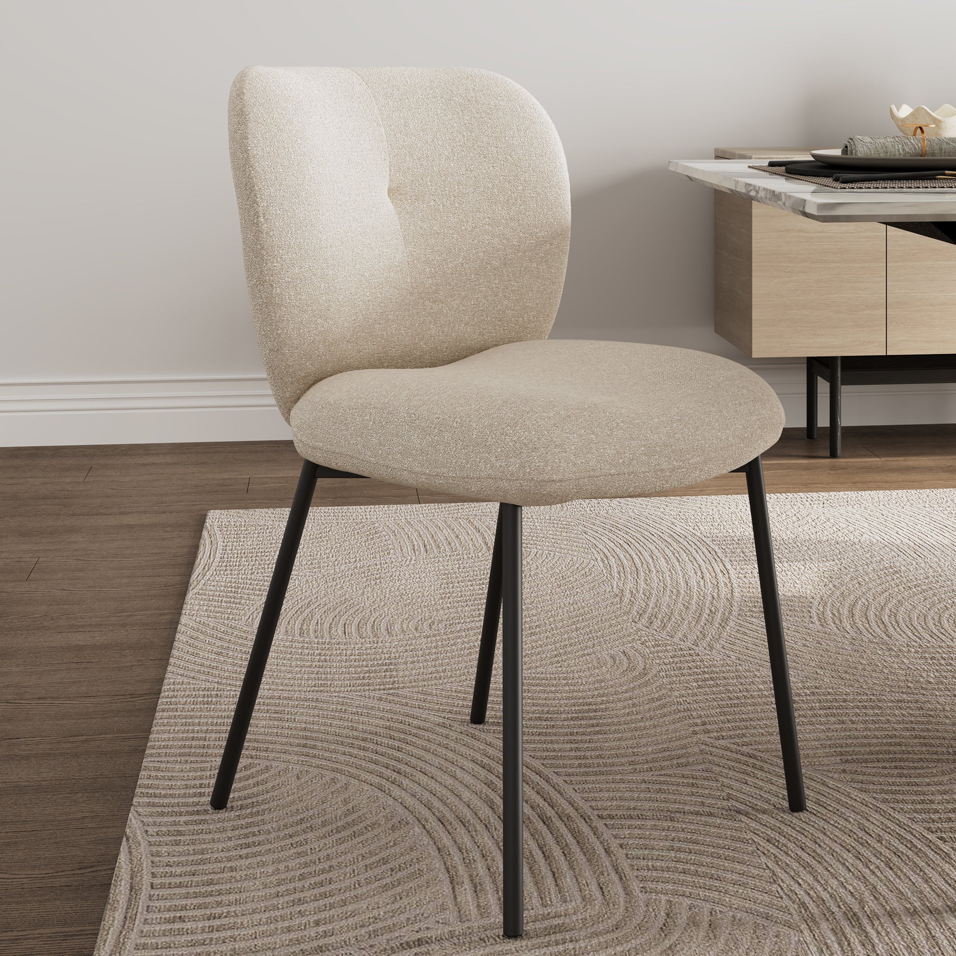 Off-White Upholstered Dining Chair With Black Metal Legs; Sage Dining Set for Modern Dining Spaces.