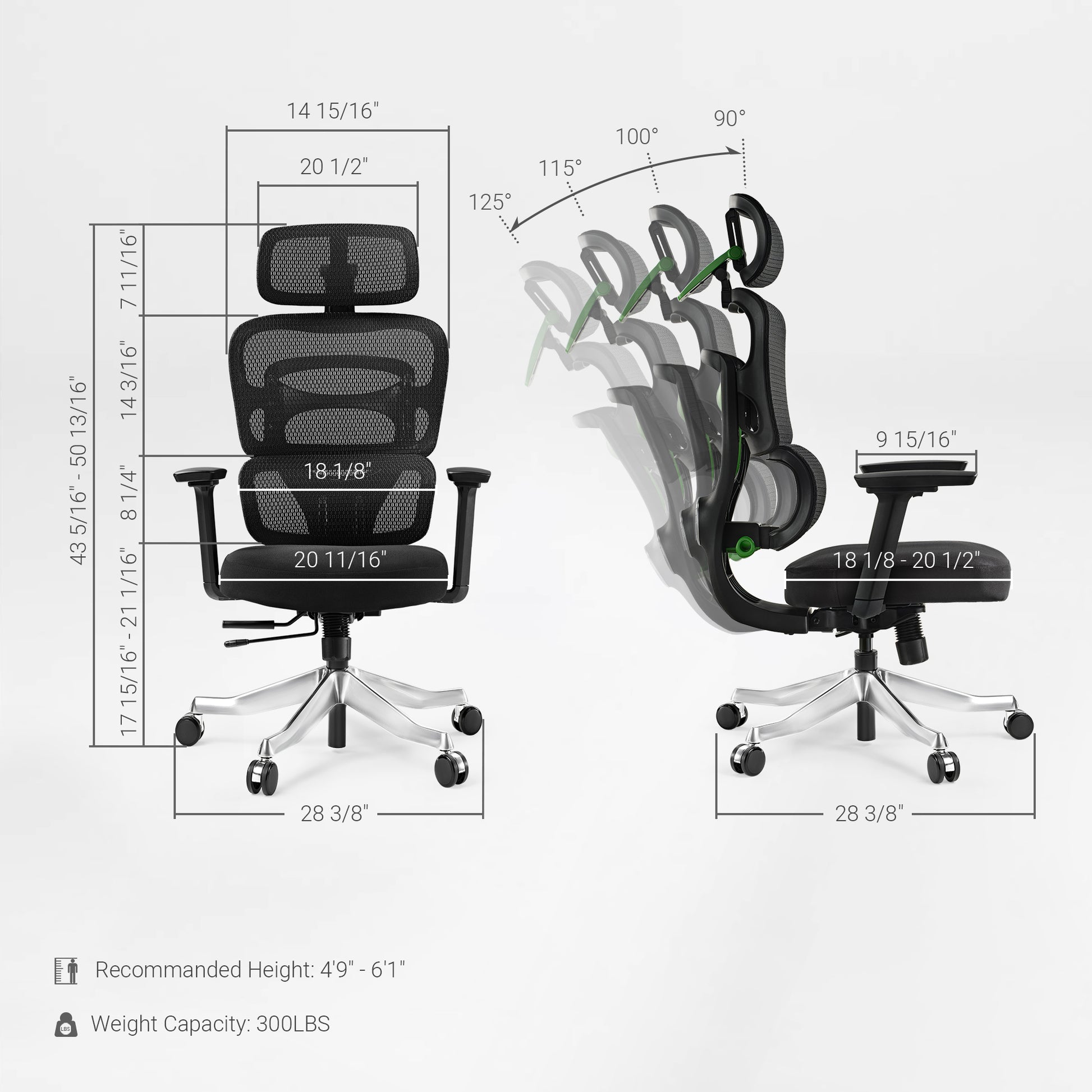 Axion Ergonomic Hybrid Chair With Measurements, Ergonomic Design, Black Mesh Back, Gaming Chair. Green
