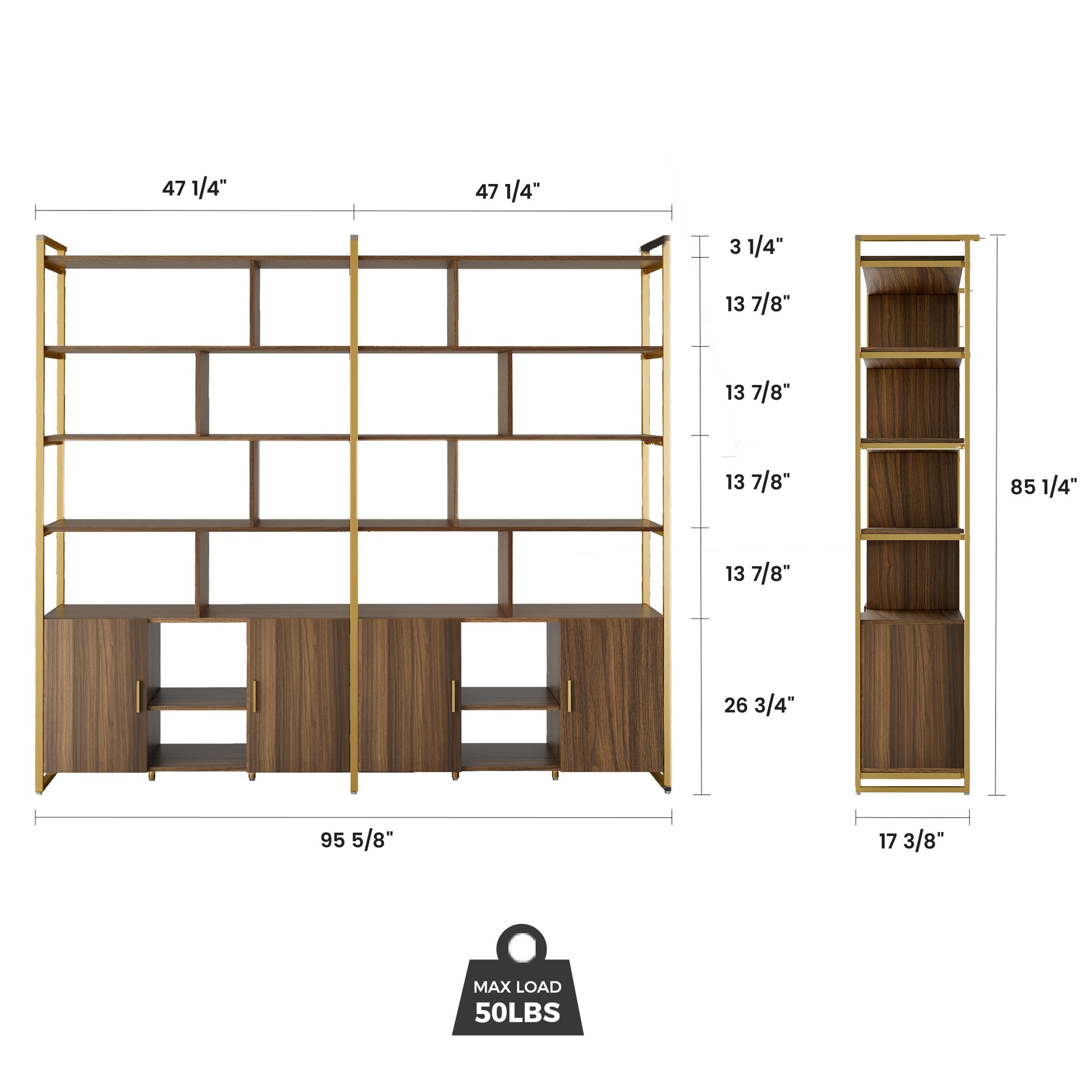 Napa Wood Bookcase Cabinet With Detailed Dimensions: Walnut Finish, Adjustable Shelves, and 50Lbs Max Load.