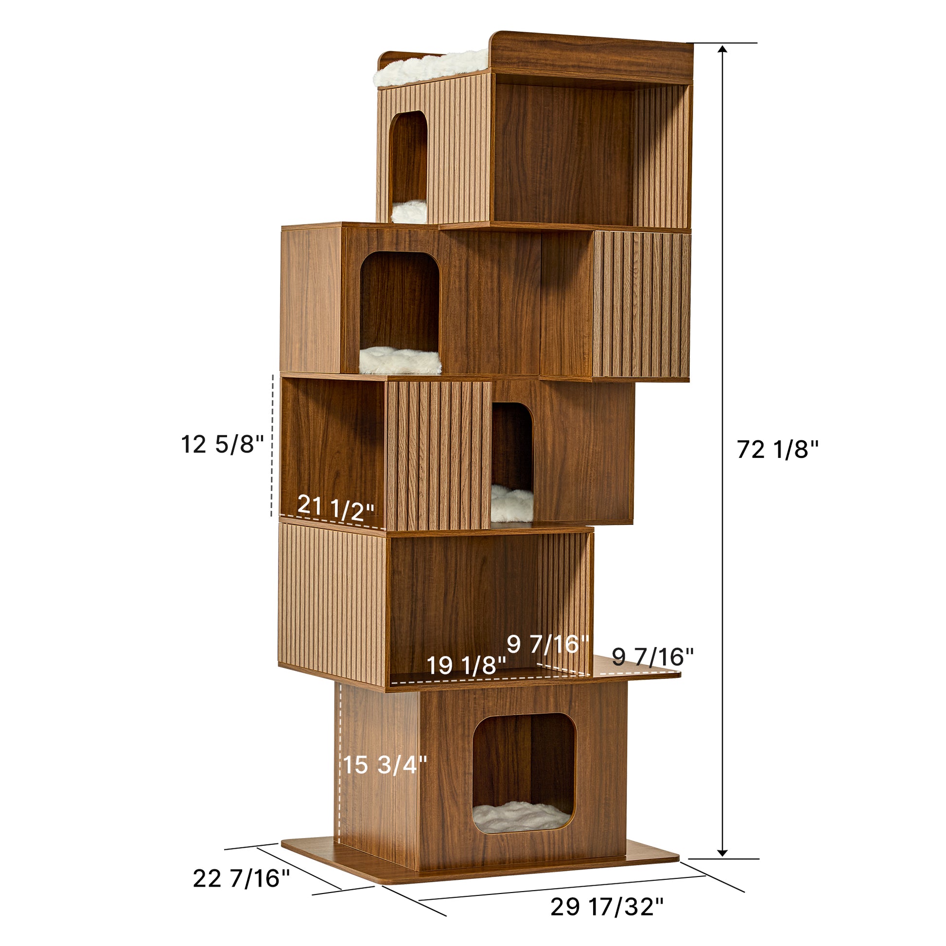 Eureka Ergonomic Pawlio 72" walnut bookshelf cat tree, slatted cubbies, plush beds. Dimensions shown.