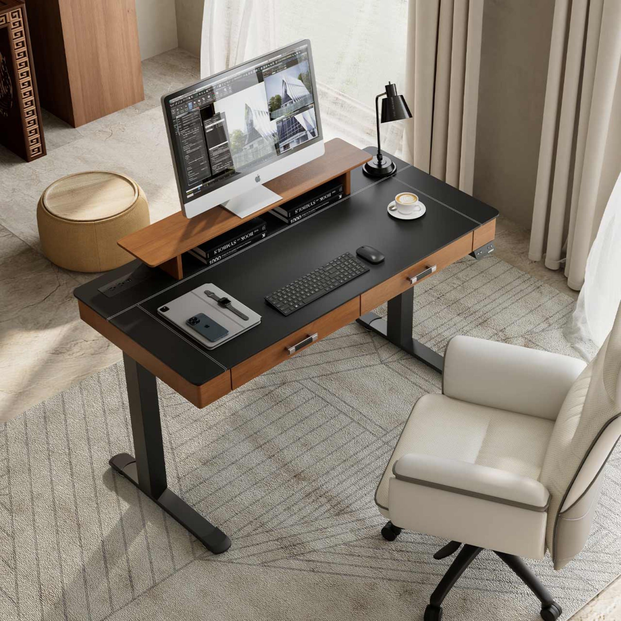 55x23 Two-Drawer Electric Standing Desk, Leather Finish