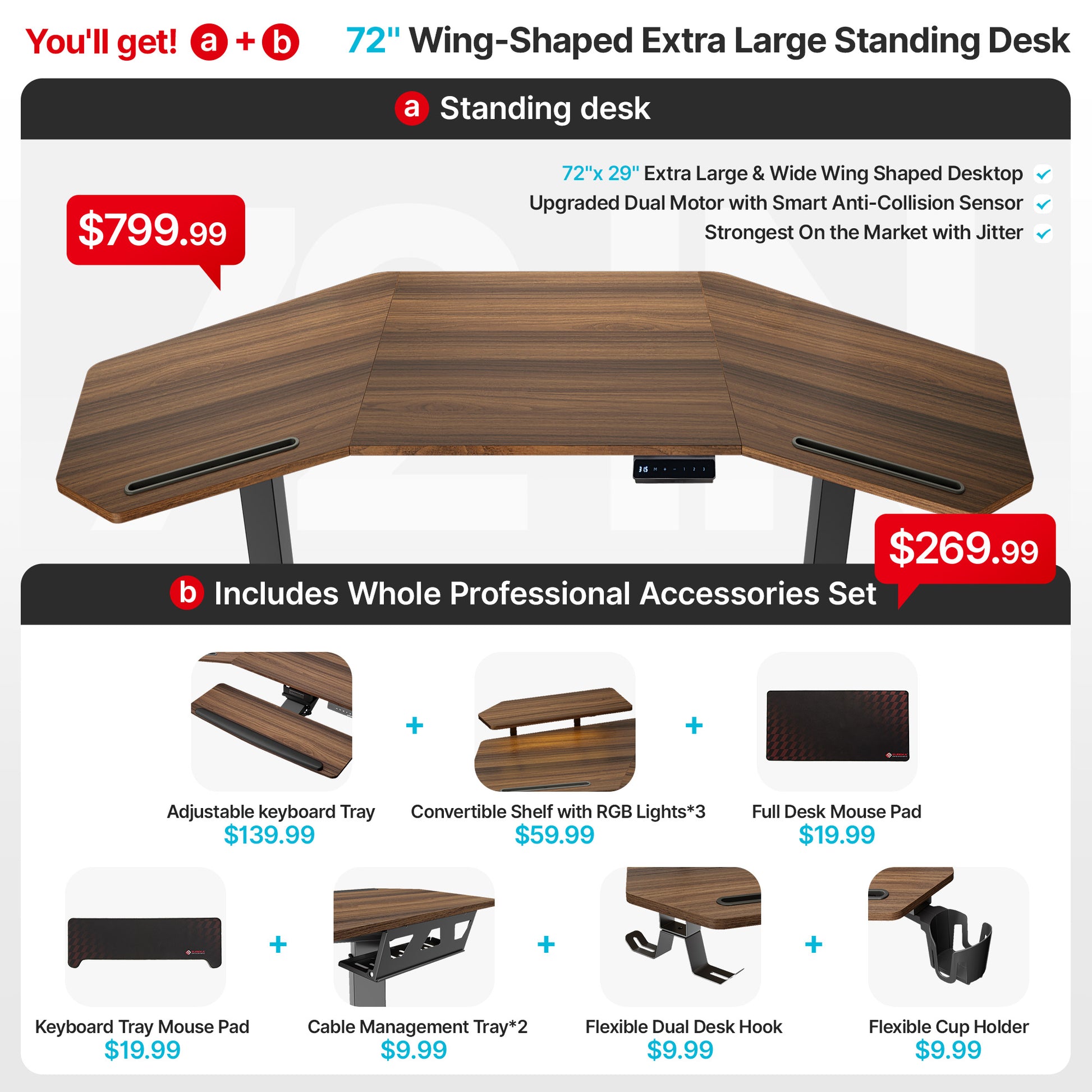 Eureka Ergonomic Aero Pro 72" wing-shaped standing gaming desk with RGB shelf and included accessories.