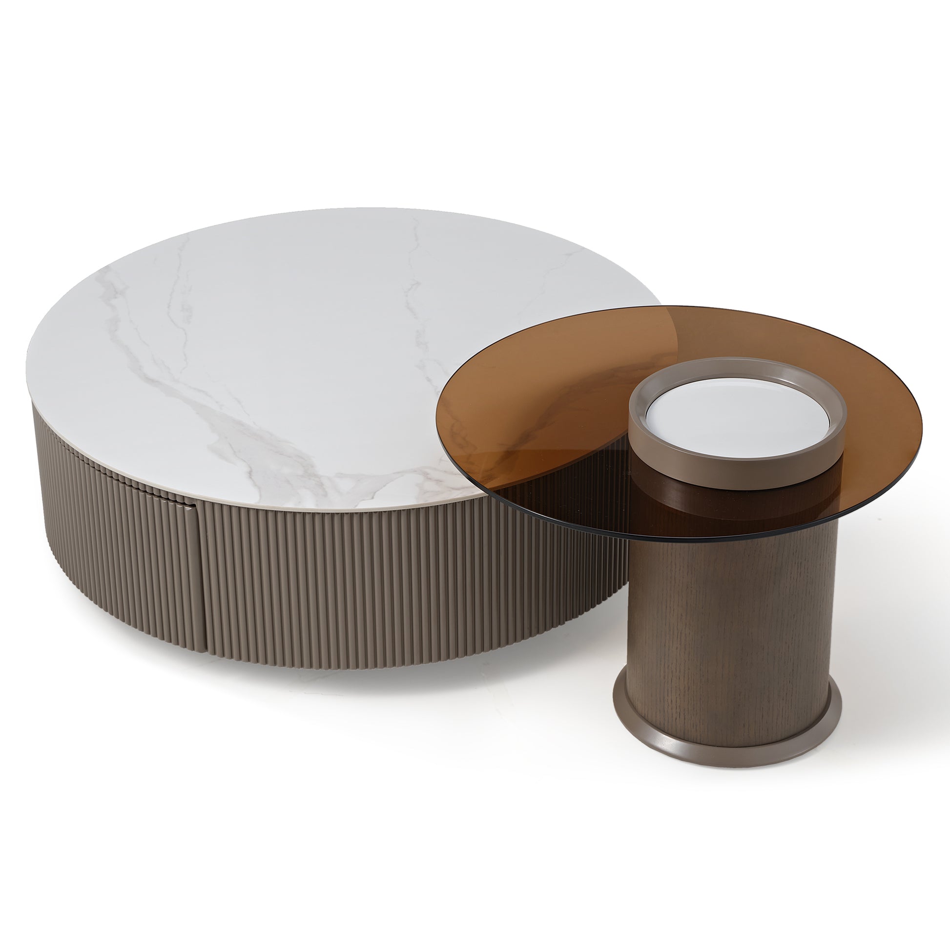 35 Round White Sintered Stone Coffee Table Set With Side Table; Modern Design and Functional Storage.