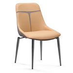 Couture Dining Chair in Turmeric Leather With Gray Accents and Brushed Nickel Legs, Perfect for Modern Dining Rooms.