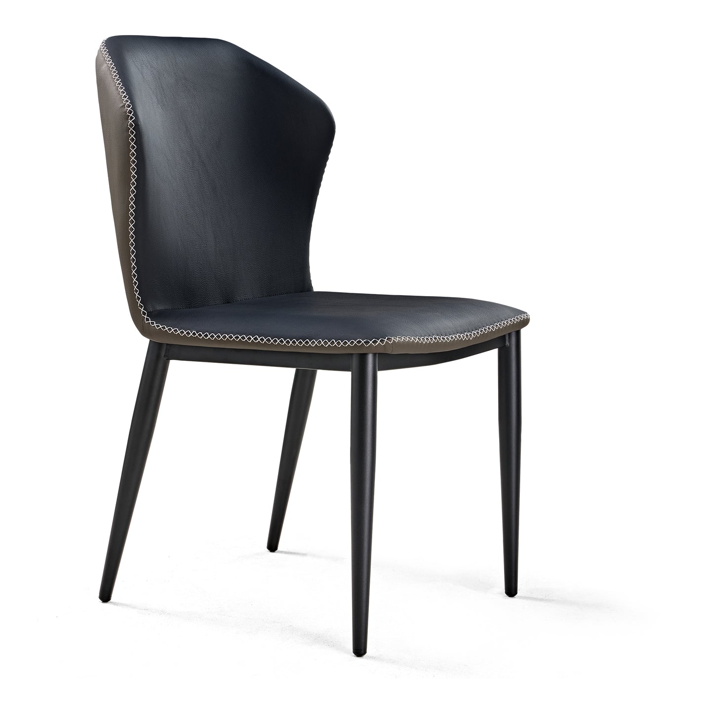 Black Upholstered Dining Chair With Black Metal Legs and White Stitching Detail.