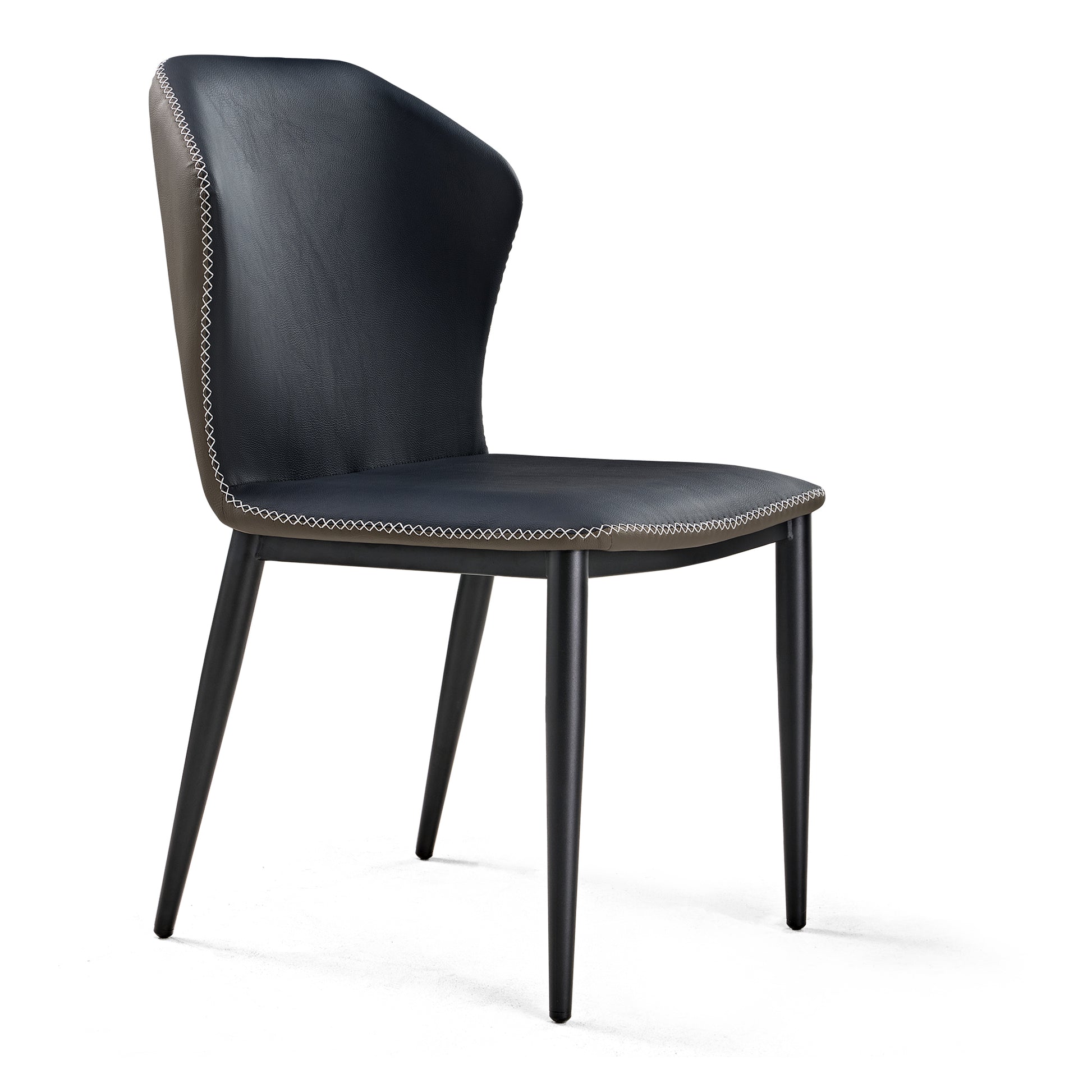 Black Upholstered Dining Chair With Black Metal Legs and White Stitching Detail.