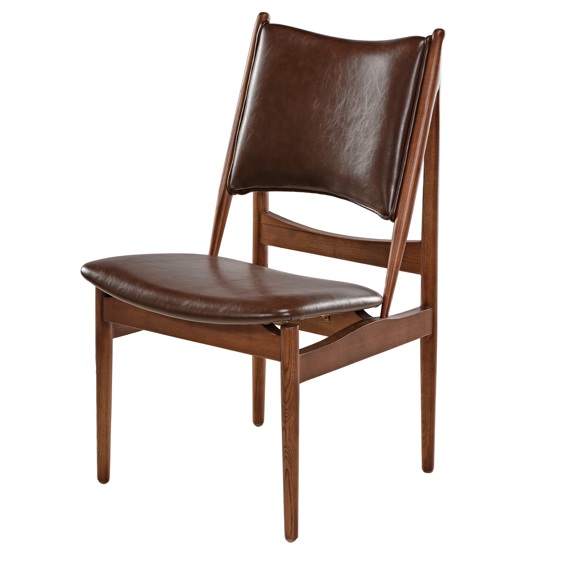 Brown Leather Dining Chair With Ash Wood Frame, Mid-Century Modern Design.