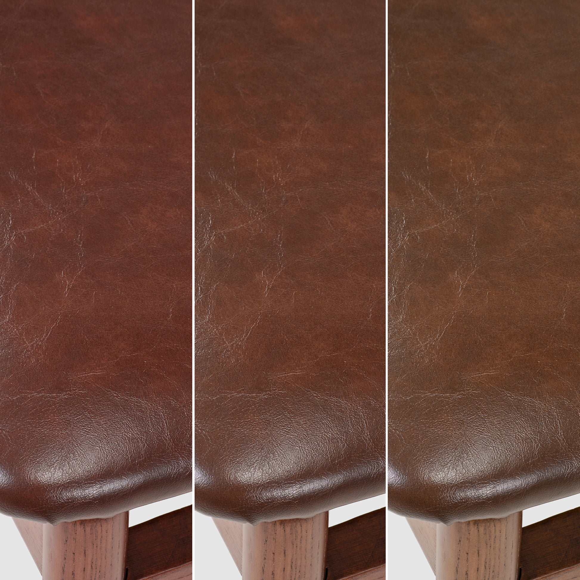 Close-Up of Brown Leather Dining Chair Seat, Showcasing Leather Texture and Mid-Century Modern Design.