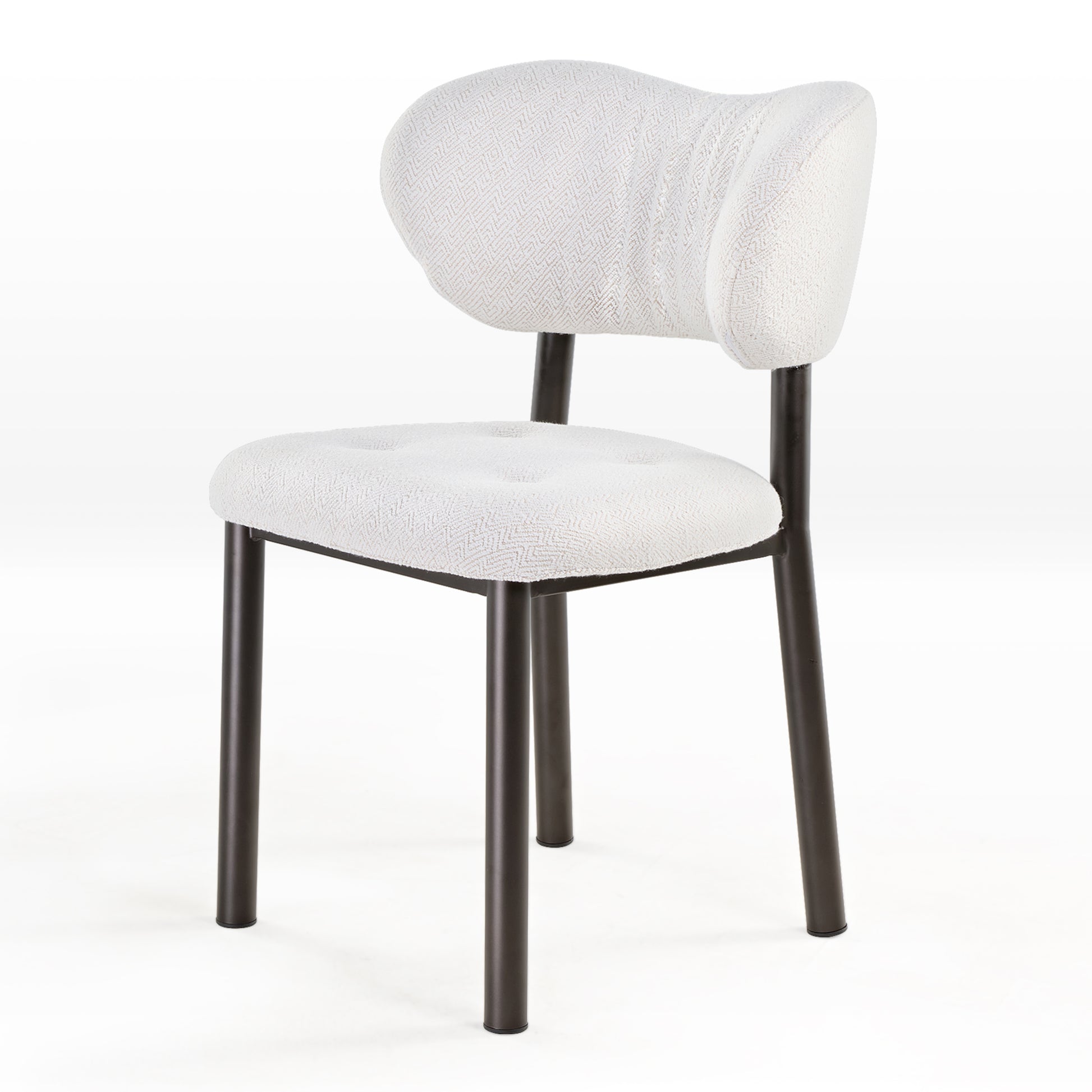 Nibbles White Upholstered Dining Chair With Geometric Fabric, Dark Legs, Modern Design.