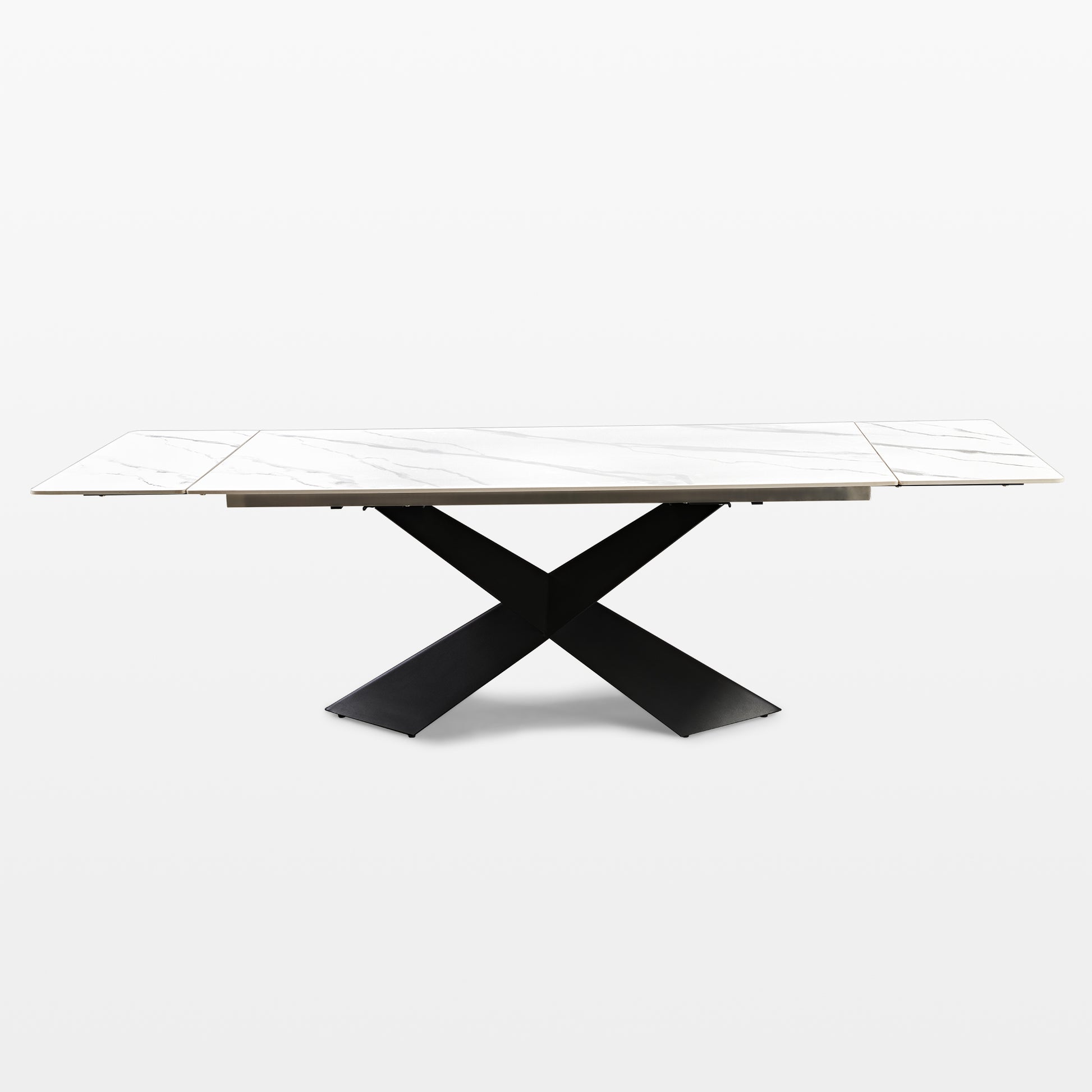 Evelyn Extendable Dining Table With White Sintered Stone Top, Black X-Shaped Legs, Modern Design.