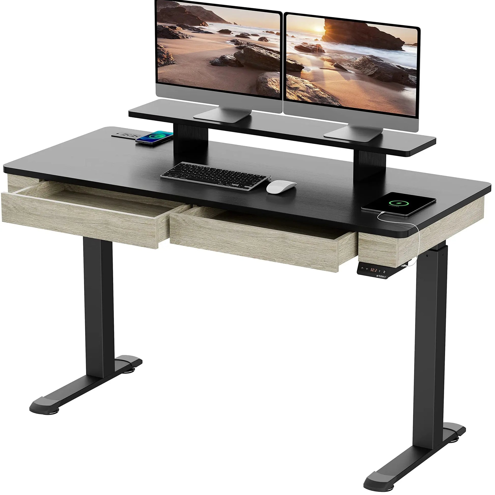 Eureka Ergonomic 47 Standing Desk With Drawers, Black Top and Wood Finish, Dual Monitors Setup, Ergonomic Home Office.