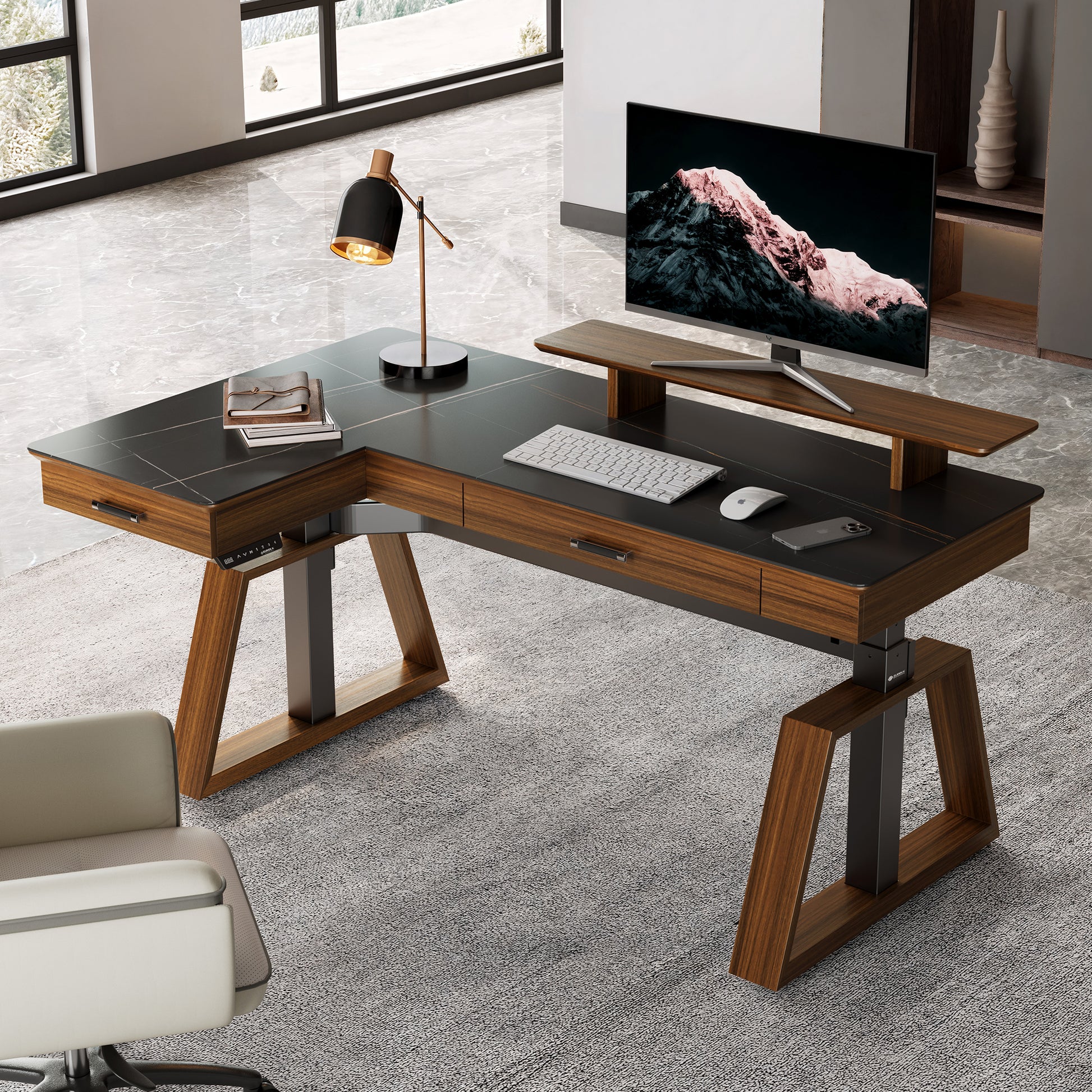Eureka Ergonomic Ark Pro L-Shaped Desk With Black Sintered Stone Top and Wood Accents.