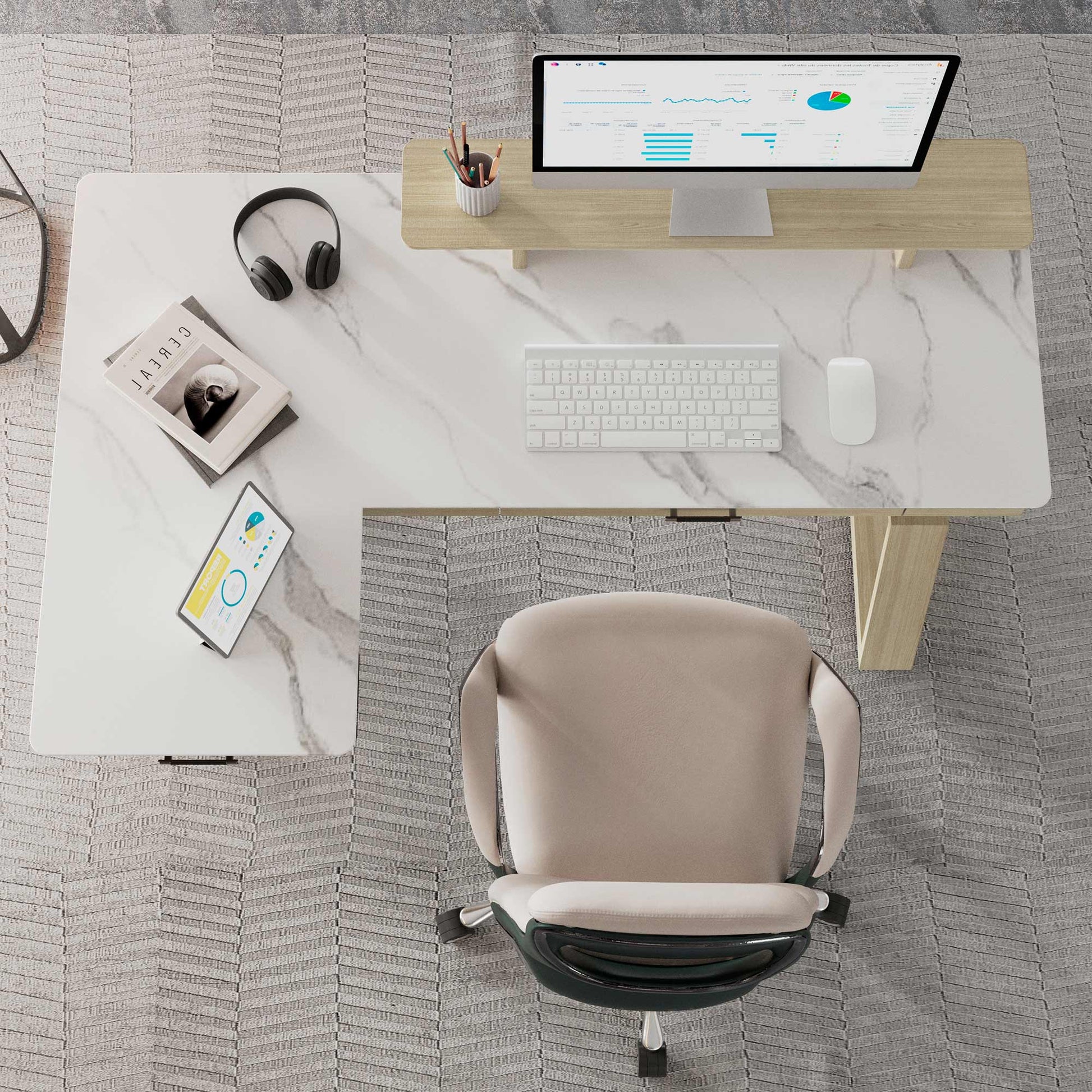 Eureka Ergonomic Ark Pro L-Shaped Desk With White Sintered Stone, Setup With Monitor, Keyboard, Office Chair, and Accessories.