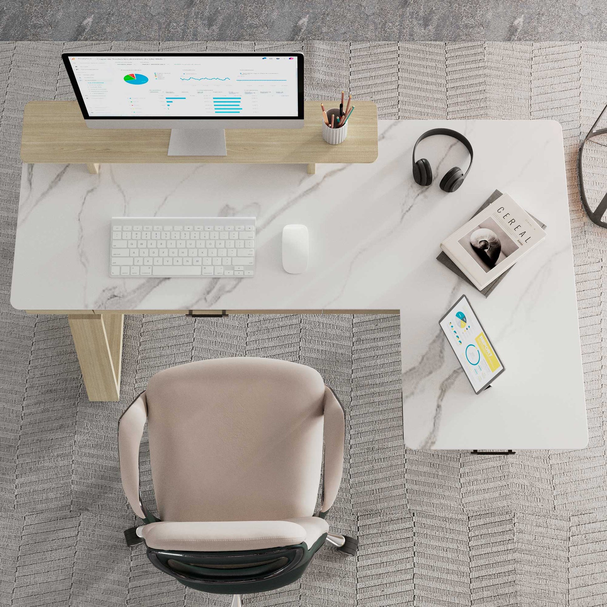 Eureka Ergonomic Ark Pro L-Shaped Standing Desk With White Sintered Stone Top, Setup With Monitor, Keyboard, and Reports.