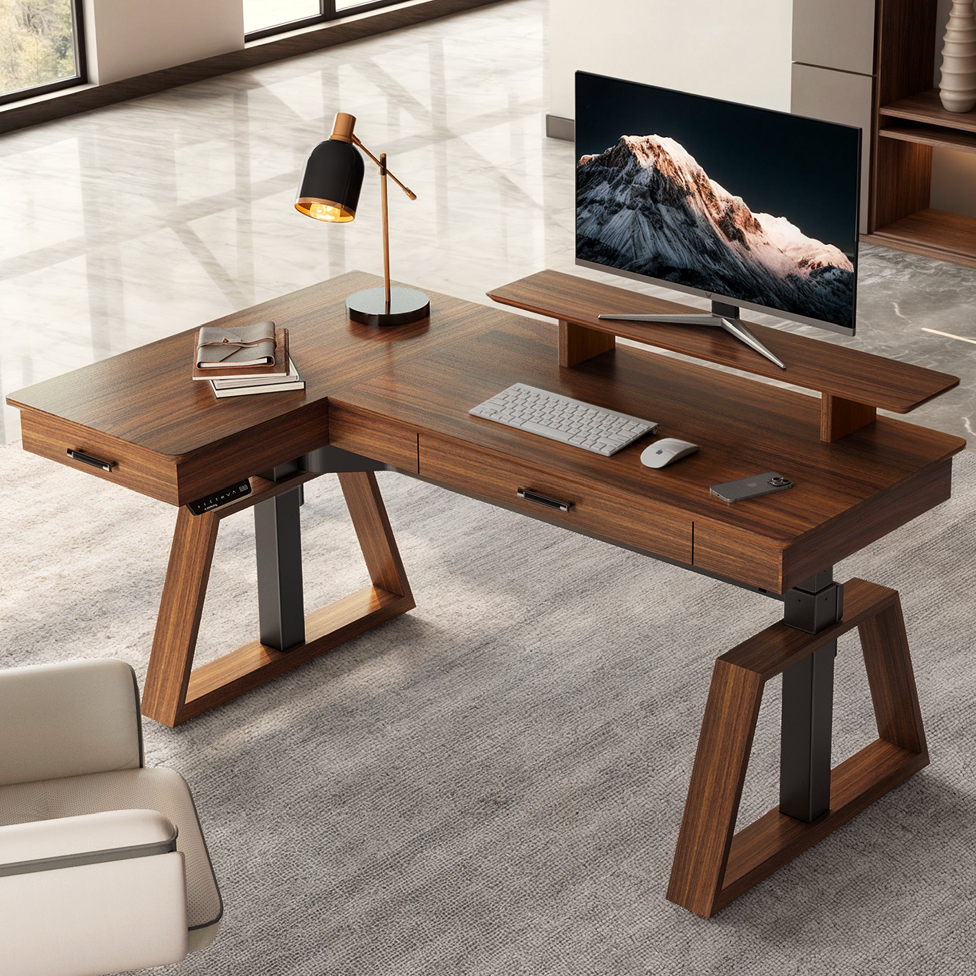 Eureka Ergonomic Ark Pro L-Shaped Walnut Standing Desk With Monitor, Keyboard, Mouse, and Accessories.