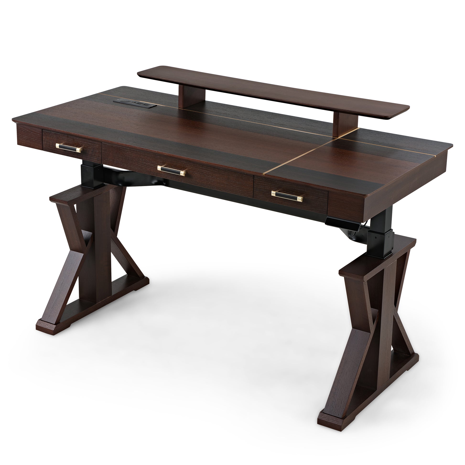 Ark Sws Pro Executive Standing Desk With Dark Wood Finish, X-Shaped Legs and Gold Accents.