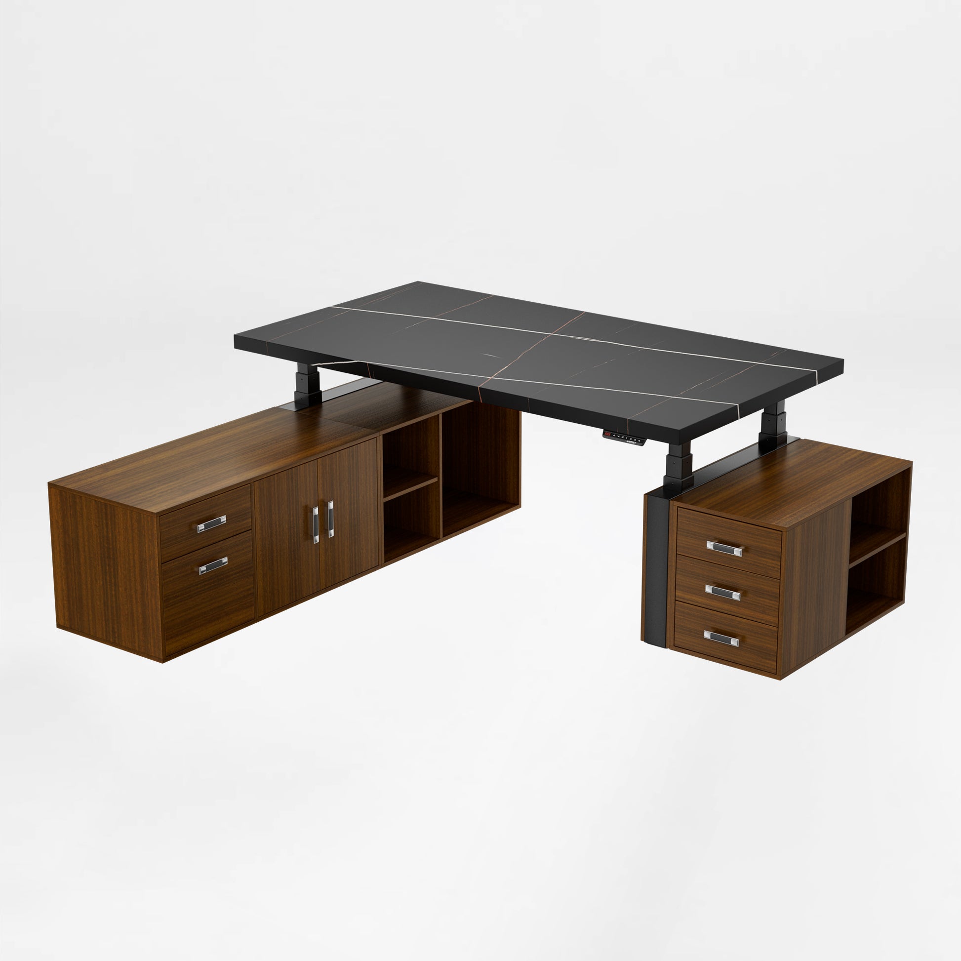 Eureka Ergonomic Zen Pro Executive Standing Desk With Black Sintered Stone Top and Wood Cabinets,Front Overview.