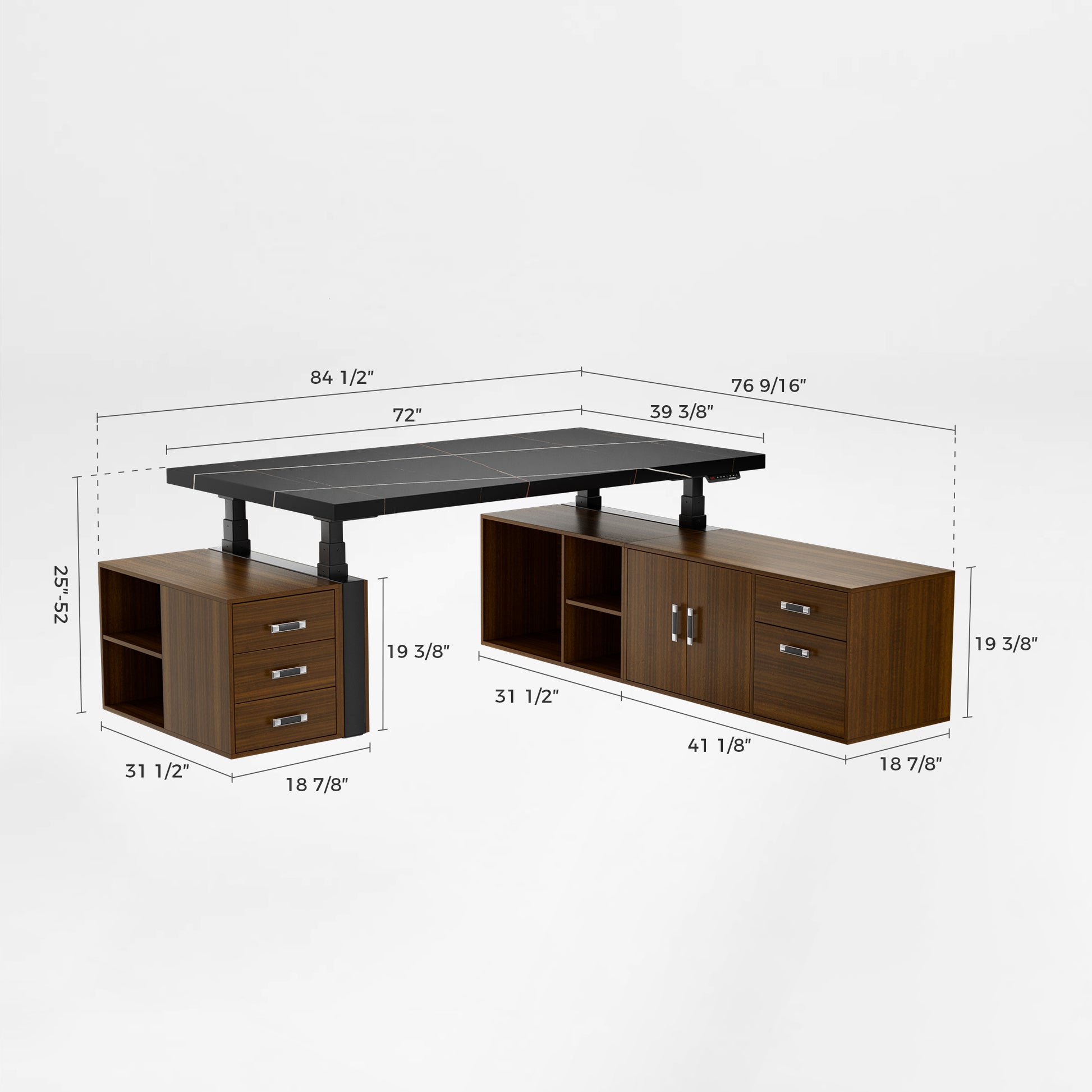 Zen Pro Executive Standing Desk With Dimension Details. Black Sintered Stone Top, Dark Wood Cabinets, and Adjustable Height.