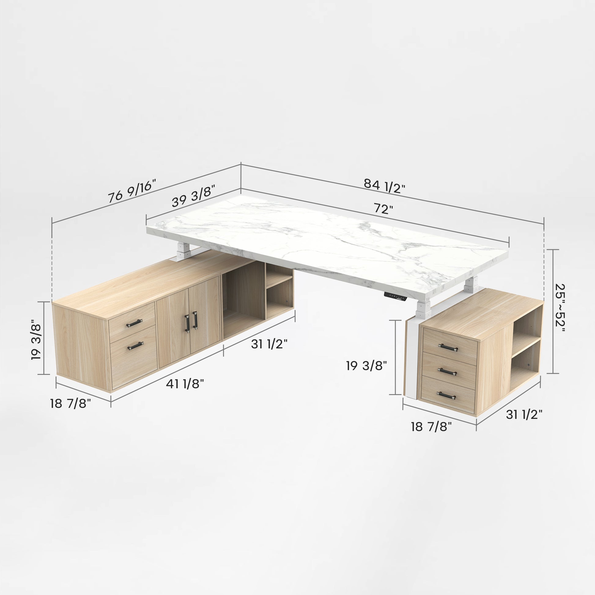 Eureka Ergonomic Zen Pro Executive Standing Desk Dimensions: White Marble Top and Wood Cabinets, Office Furniture.