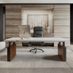 Eureka Ergonomic Zen Pro Executive Standing Desk, White Sintered Stone Desktop, Modern Office Setup With Wood Accents.