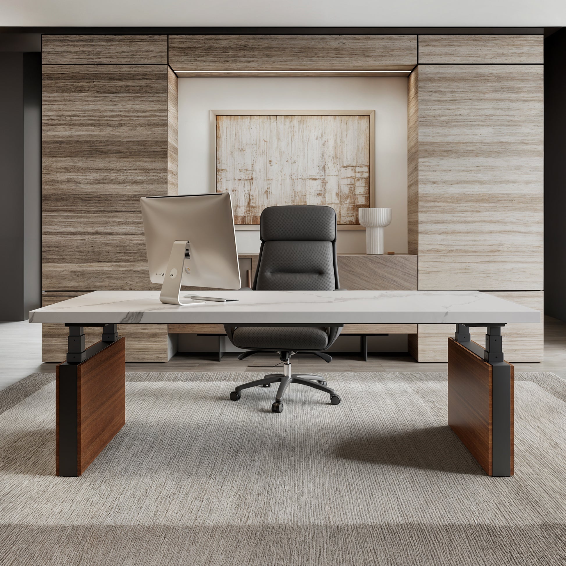 Eureka Ergonomic Zen Pro Executive Standing Desk, White Sintered Stone Desktop, Modern Office Setup With Wood Accents.