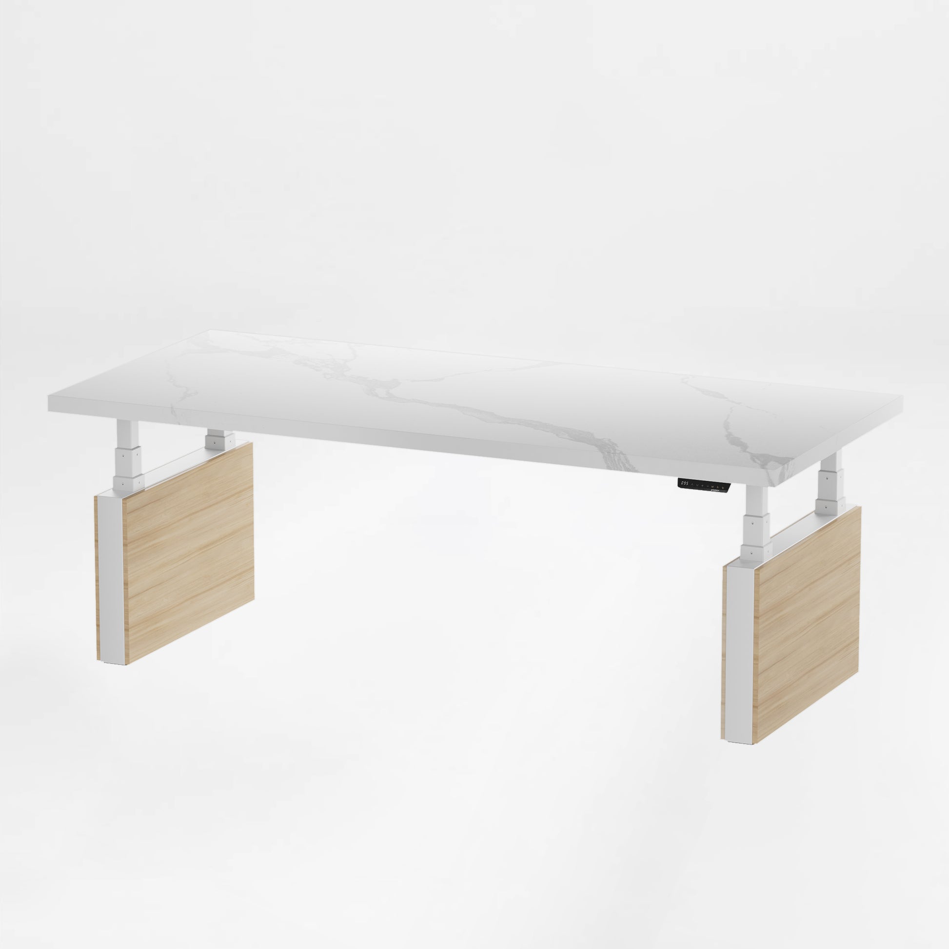 Eureka Ergonomic Zen Pro Executive Standing Desk With White Sintered Stone Desktop, Wood Accents and Control Panel.