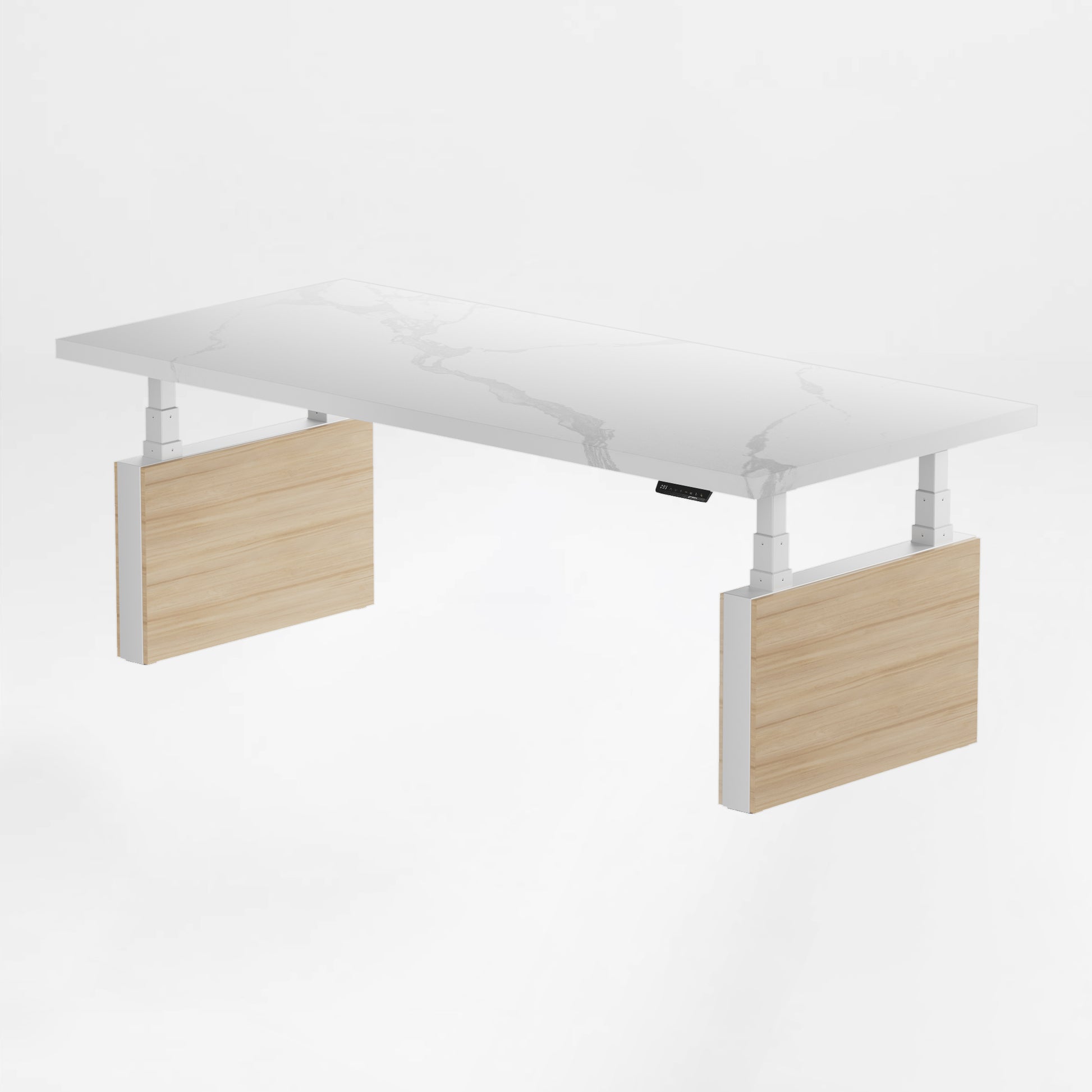 Eureka Ergonomic Zen Pro Executive Standing Desk With White Sintered Stone Desktop and Wood Accents.