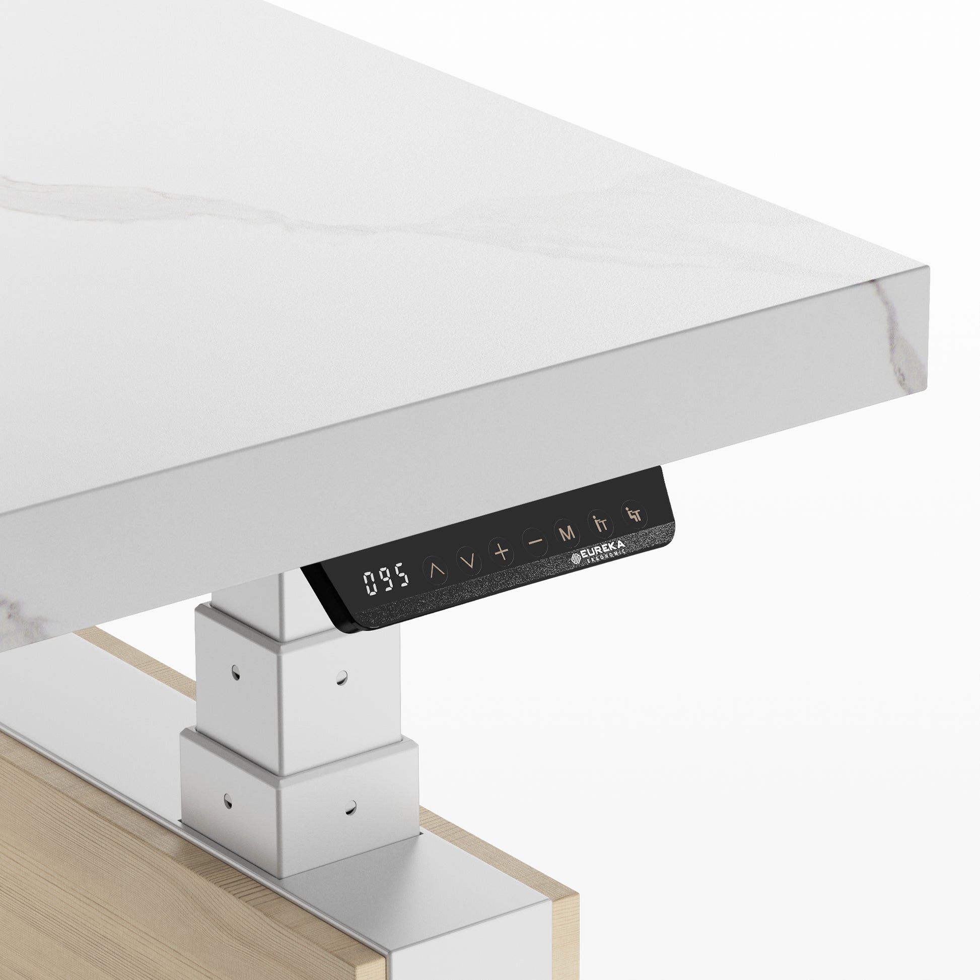Zen Pro Standing Desk Control Panel, White Sintered Stone Desktop, Eureka Ergonomic.