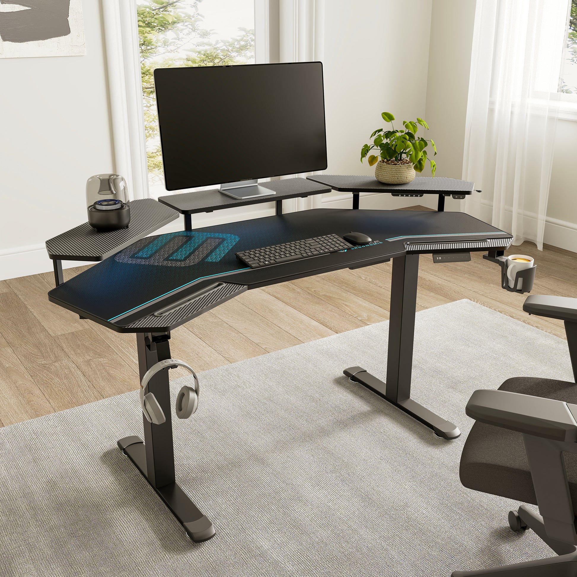 Black Eureka Ergonomic Aero Pro Wing-Shaped Standing Desk With Accessories, Modern Home Office Setup.