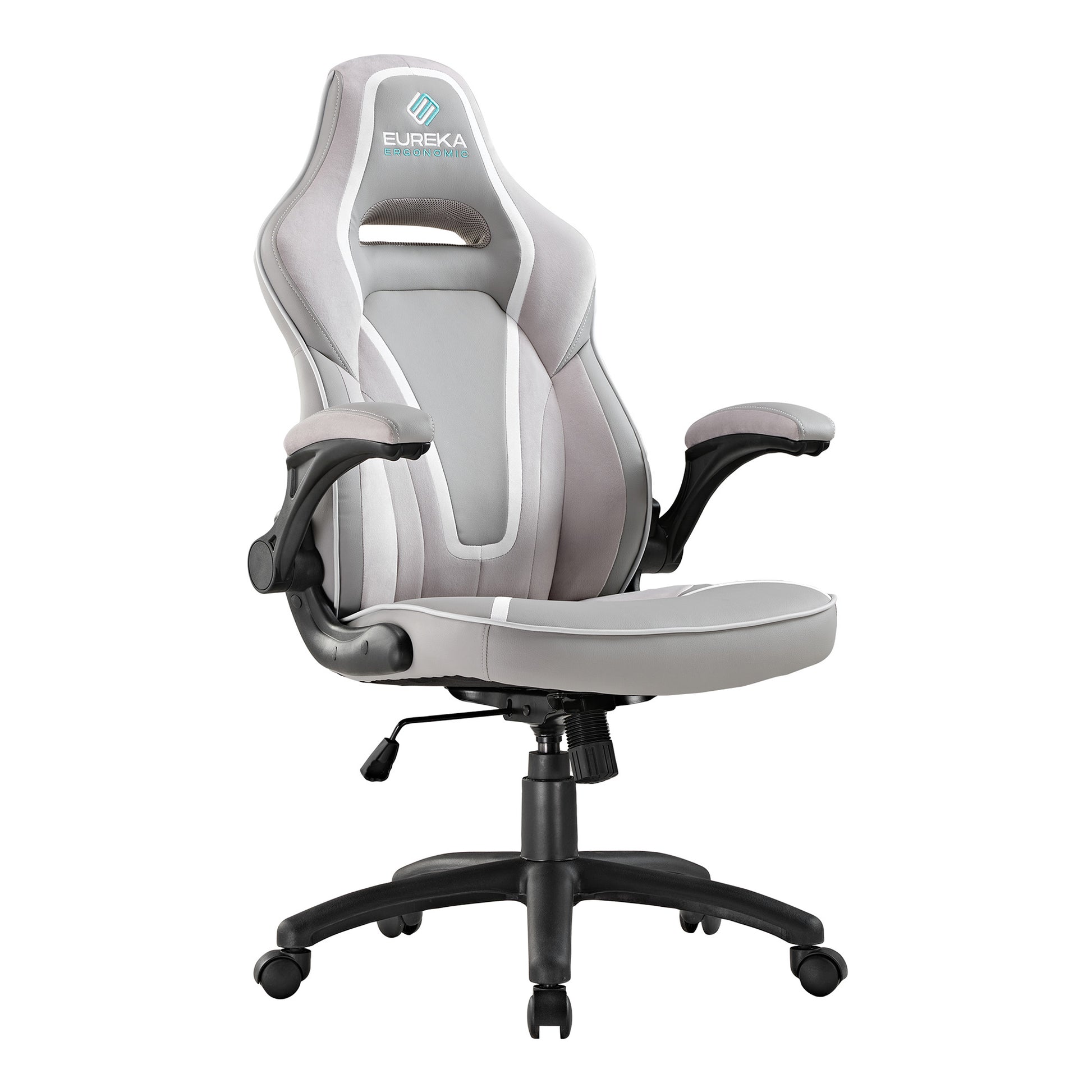 Eureka Ergonomic Vortex Gaming Chair in Gray, Featuring Ergonomic Design, Black Armrests, and the Eureka Ergonomic Logo.