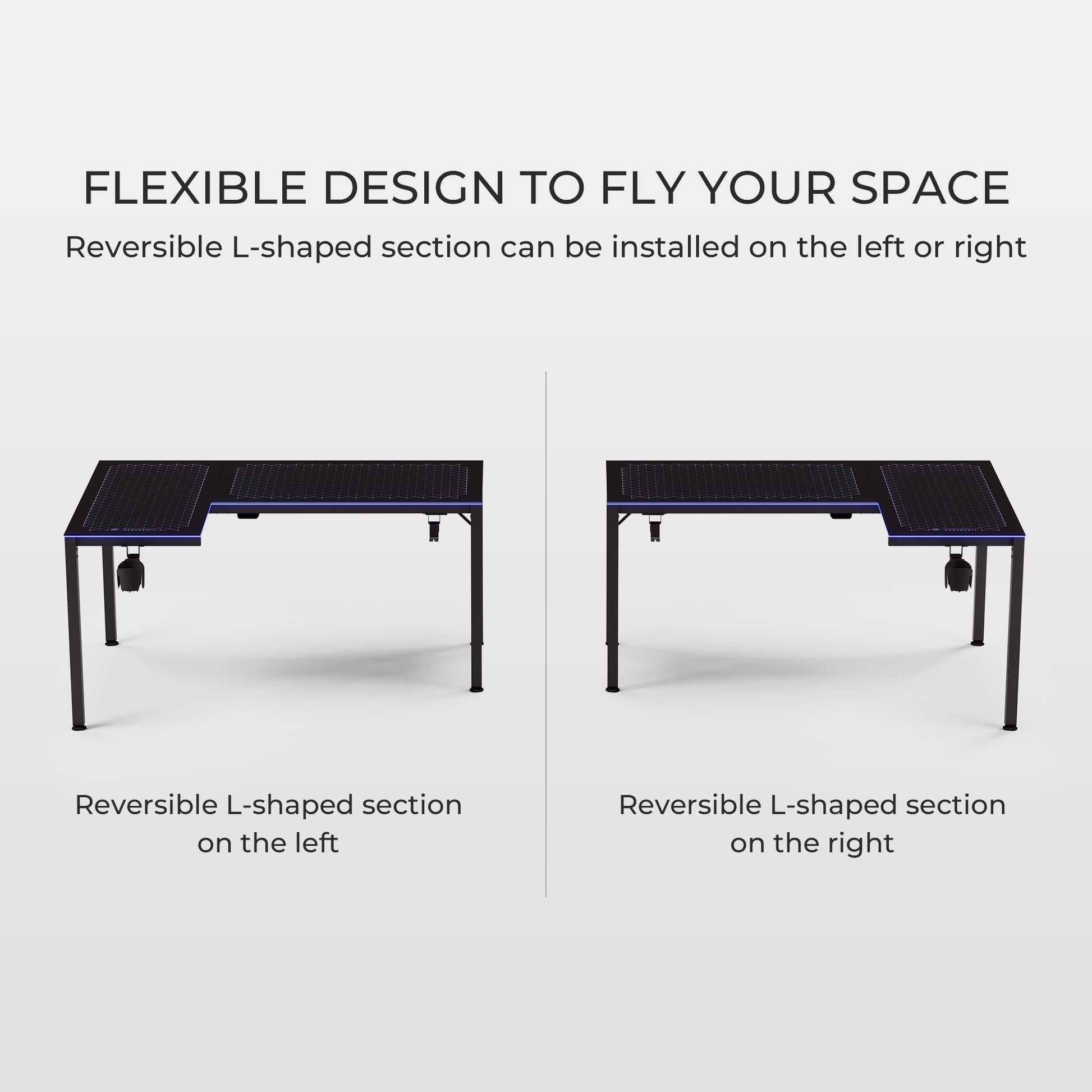 Eureka Ergonomic GTG-L60 L-Shaped Gaming Desk Showing Reversible L-Shape Design for Flexible Setup.