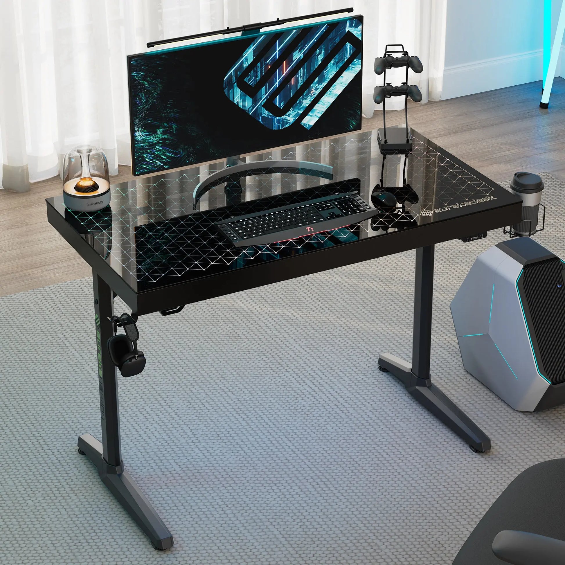 Eureka Ergonomic GTG-I43 Glass Gaming Desk, Rgb Lighting With Accessories.