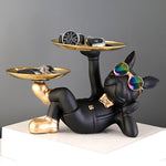 Bulldog Storage Ornament, Black and Gold Resin Dog Holding Tray With Watch and Keys, Decorative Item.