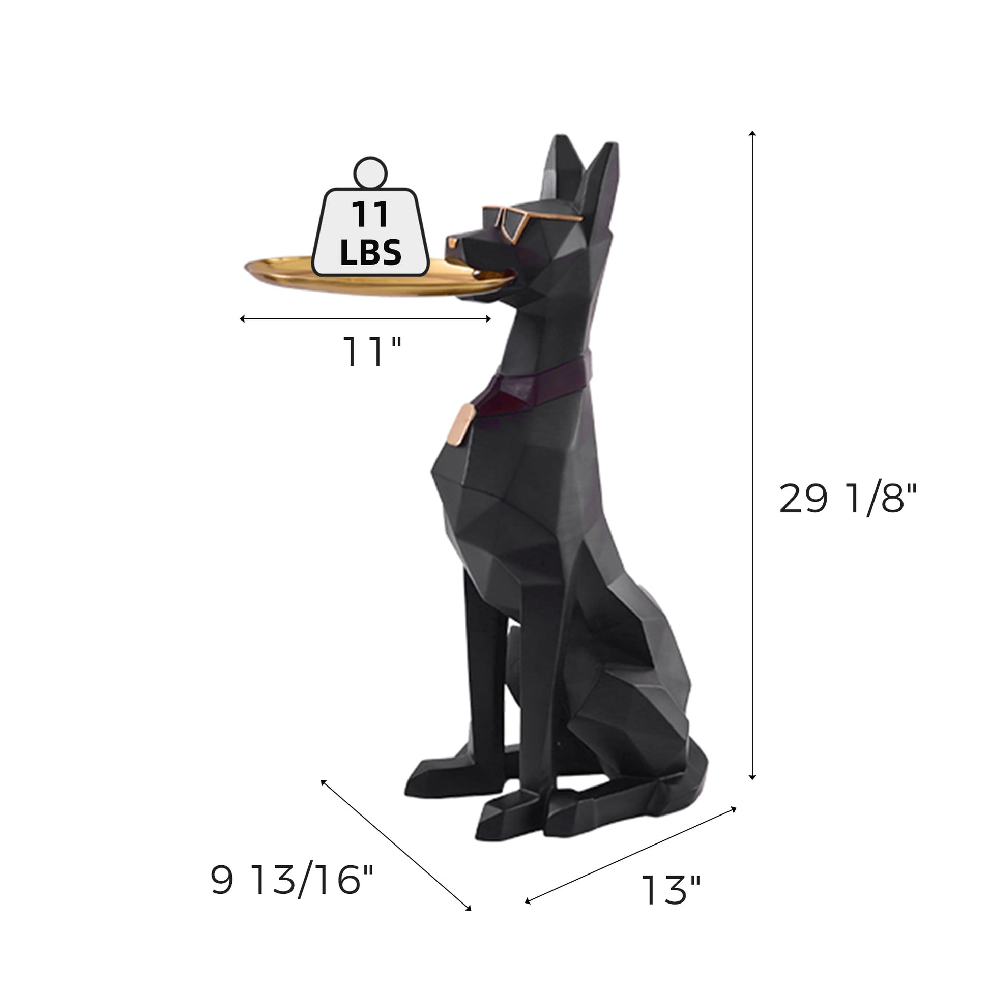 Geometric Black Doberman Side Table With Golden Tray, Modern Living Room Furniture, Holds Up to 11 Lbs, 11 Inch Tray.