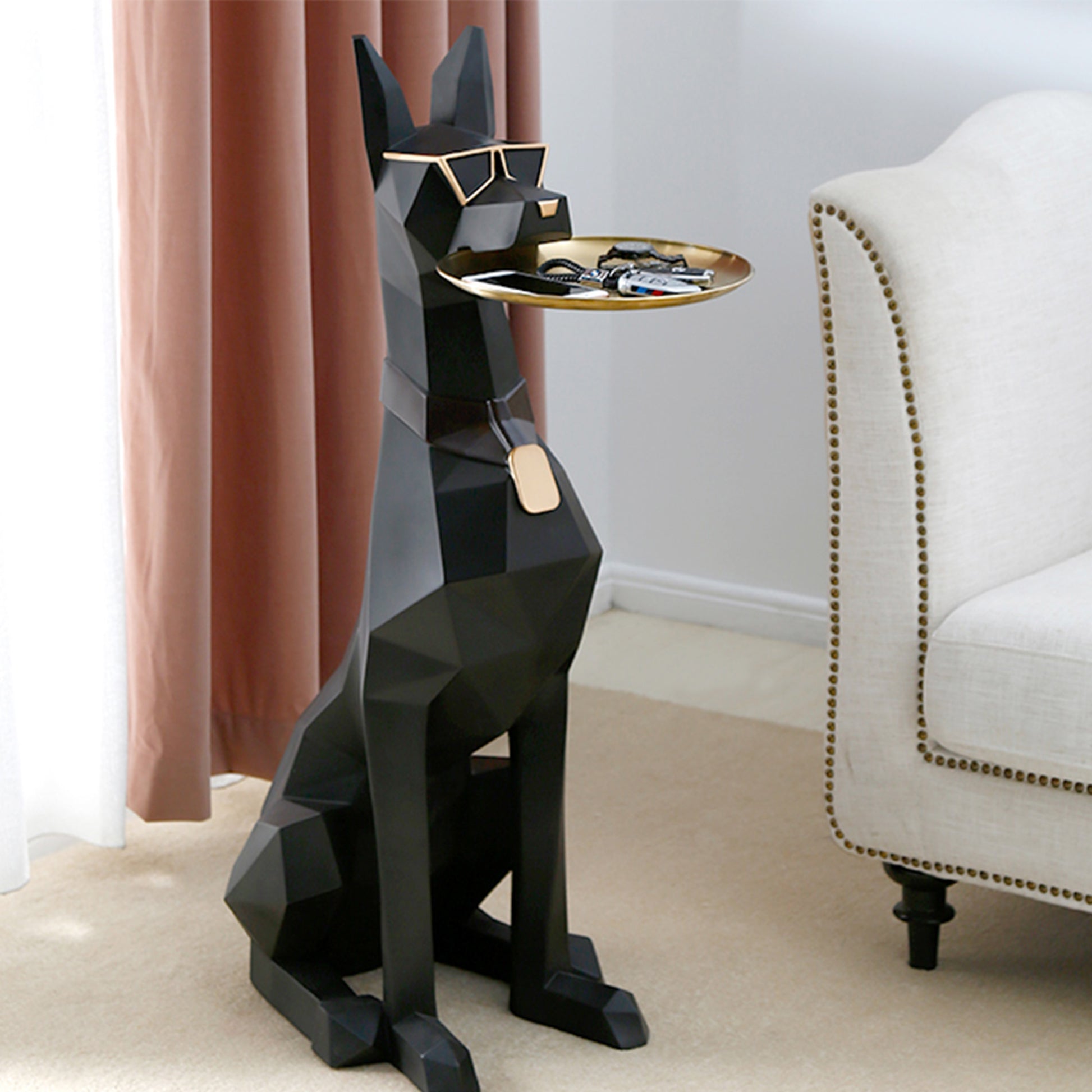 29''H Big Doberman Dog Side Table, Modern Living Room Furniture With Golden Tray.